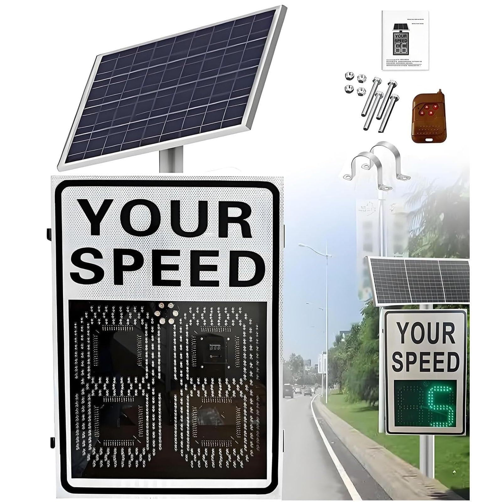 Señal de velocidad de radar LED de 24 x 35 pulgadas, señal de advertencia de aleación IP65 para advertencia de velocidad del vehículo, señal de seguridad vial de detección de 3 filas para Road Street