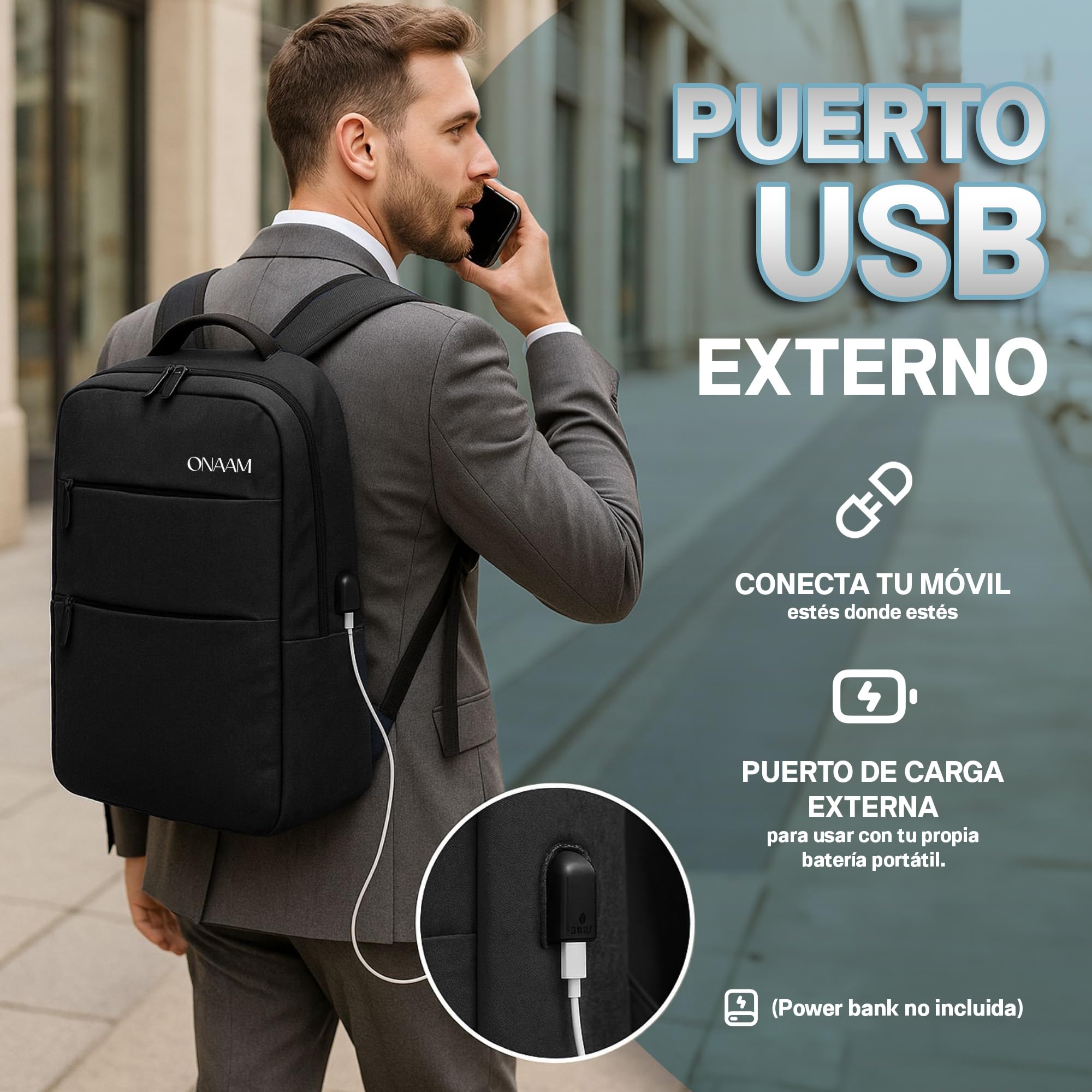 ONAAM Mochila Portatil 15,6" Ligera 0,5kg para Trabajo y Oficina Hombre Mujer, Mochila Ordenador Impermeable con Puerto USB y Estuche Portacables, Viaje Universidad Elegante Negro