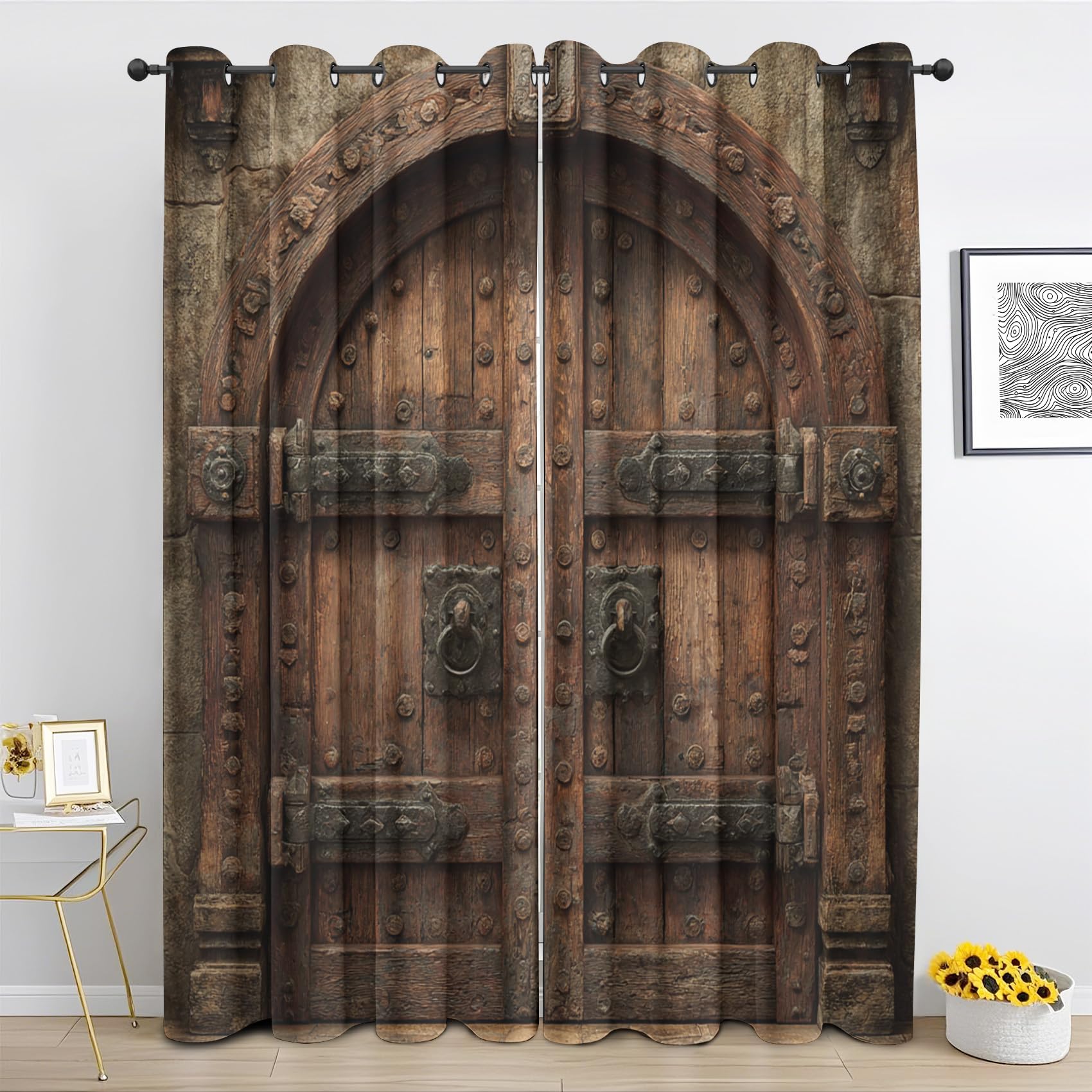 Générique Rideau Motif Porte de Grange - Rideaux Occultant Brun Ferme Rustique - pour Salon Chambre - Rideau Thermique Isolant 2 Panneaux - 117L x 183H cm fS607
