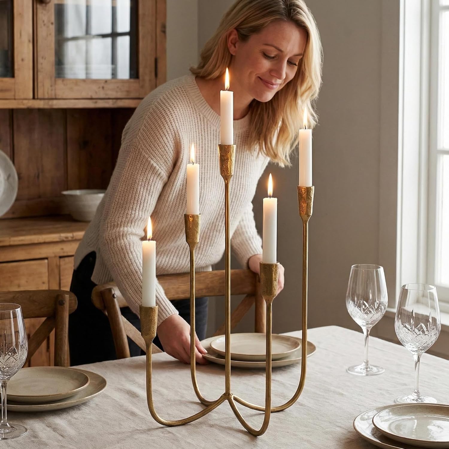 Iron Tabletop Candelabra, Hand-Forged 5-Candle Cast Iron Candle Holder with Elegant Muted Vintage Gold Finish for Dining Room, Living Room, Mantel