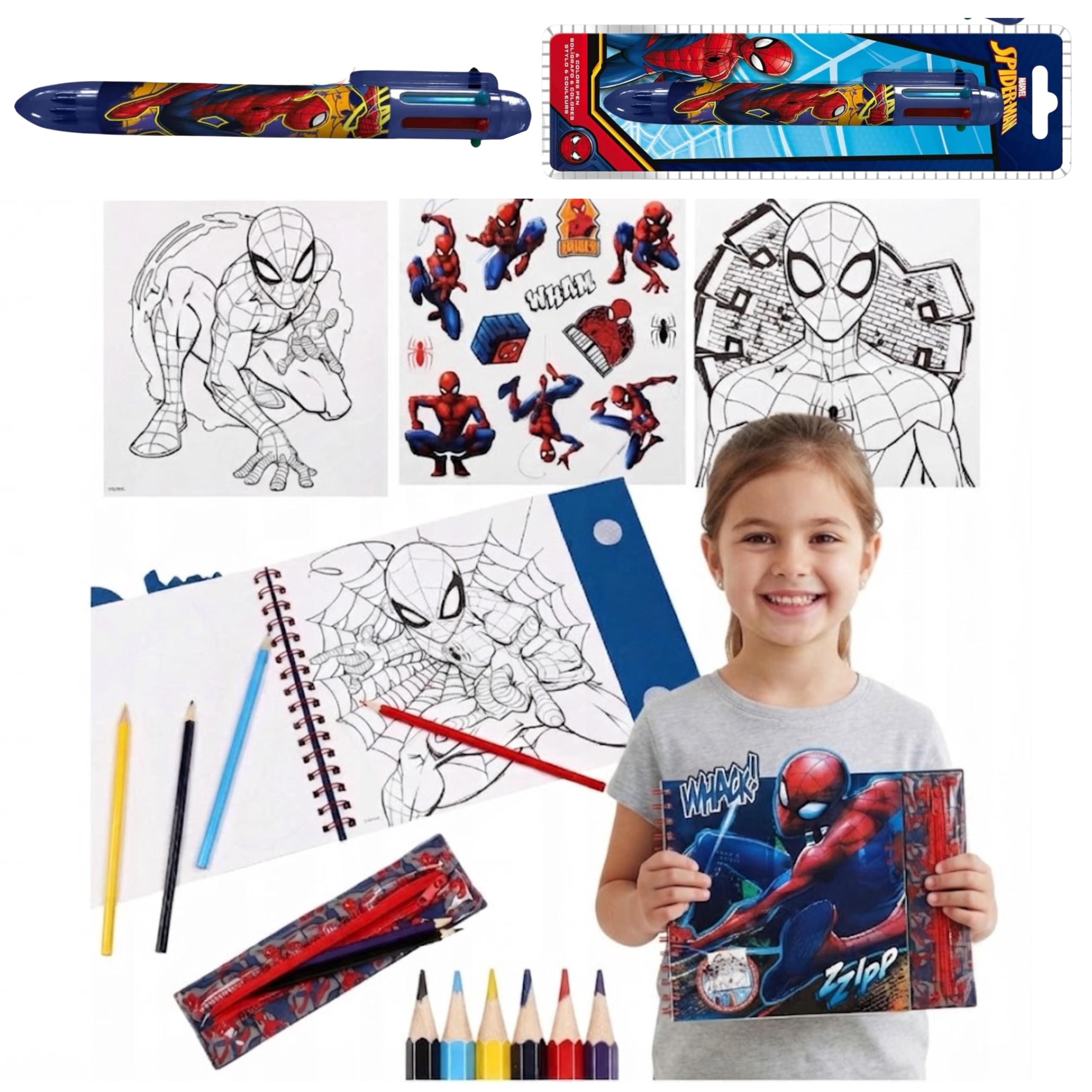 Marvel Spider-Man Colouring Set & 6-in-1 Multicolour Pen Bundle, Spiral Notebook, Removable Pencil Case, 6 Coloured Pencils, 30 Pages, Stickers, Kids Art Activity Gift, Age 3+
