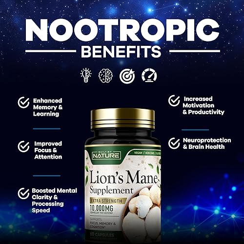 Miniatura 3 de Built by Nature Lion's Mane 10,000 mg - Suplemento de hongo extra fuerte para apoyo cerebral nootrópico - Enfoque, memoria y función cognitiva - Sin