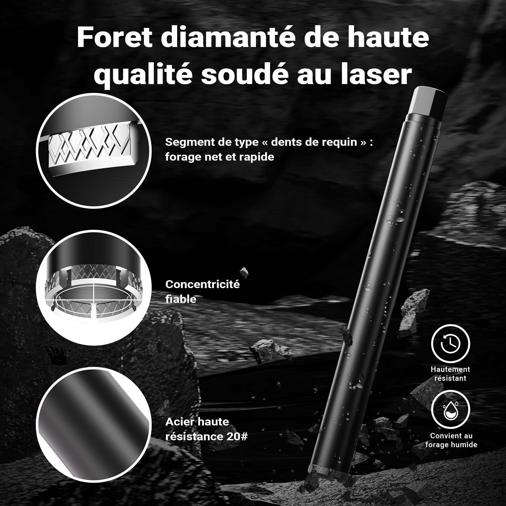 Wiltec Foret diamant pour Carotteuse Ø 52 mm – Haut rendement – 1¼ UNC – Longueur 450 mm – Métal fritté – Forage à humide – Chantier Carrelage Béton – Trépan Couronne Diamant