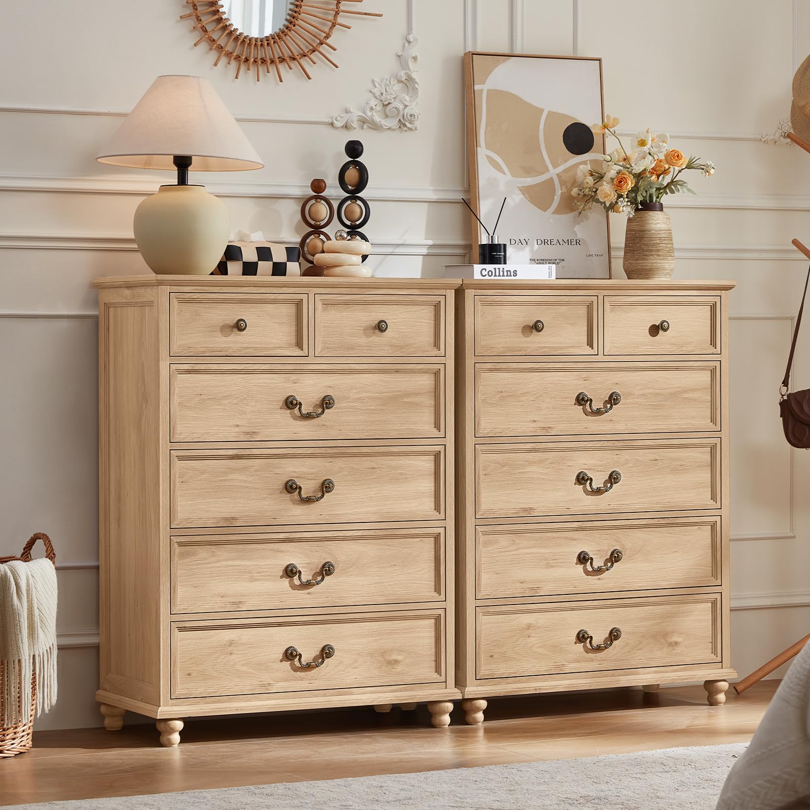 Joaxswe Farmhouse 6 Drawer Dresser Set of 2 for Bedroom, 42" Tall Rustic Chests of Drawers w/ 4 Solid Wood Feet, Mid Century Vintage Wooden Closet Storage Dressers Organizer for Living Room,Natural