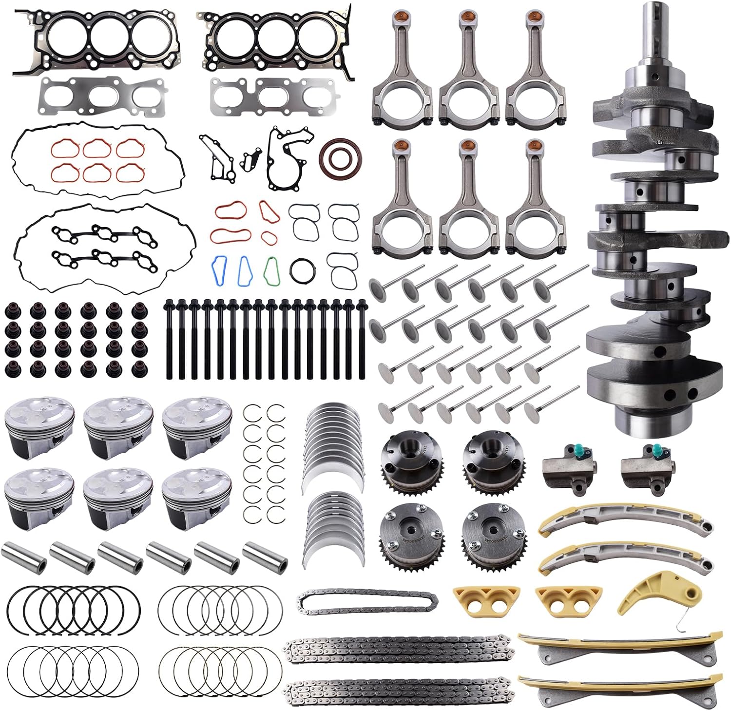 Engine Rebuild Overhaul Kit with 3.3 Crankshaft, Timing Chain Kit, Head Gasket Set, Connecting Rod for Kia Sorento Hyundai Santa Fe 3.3L G6DH