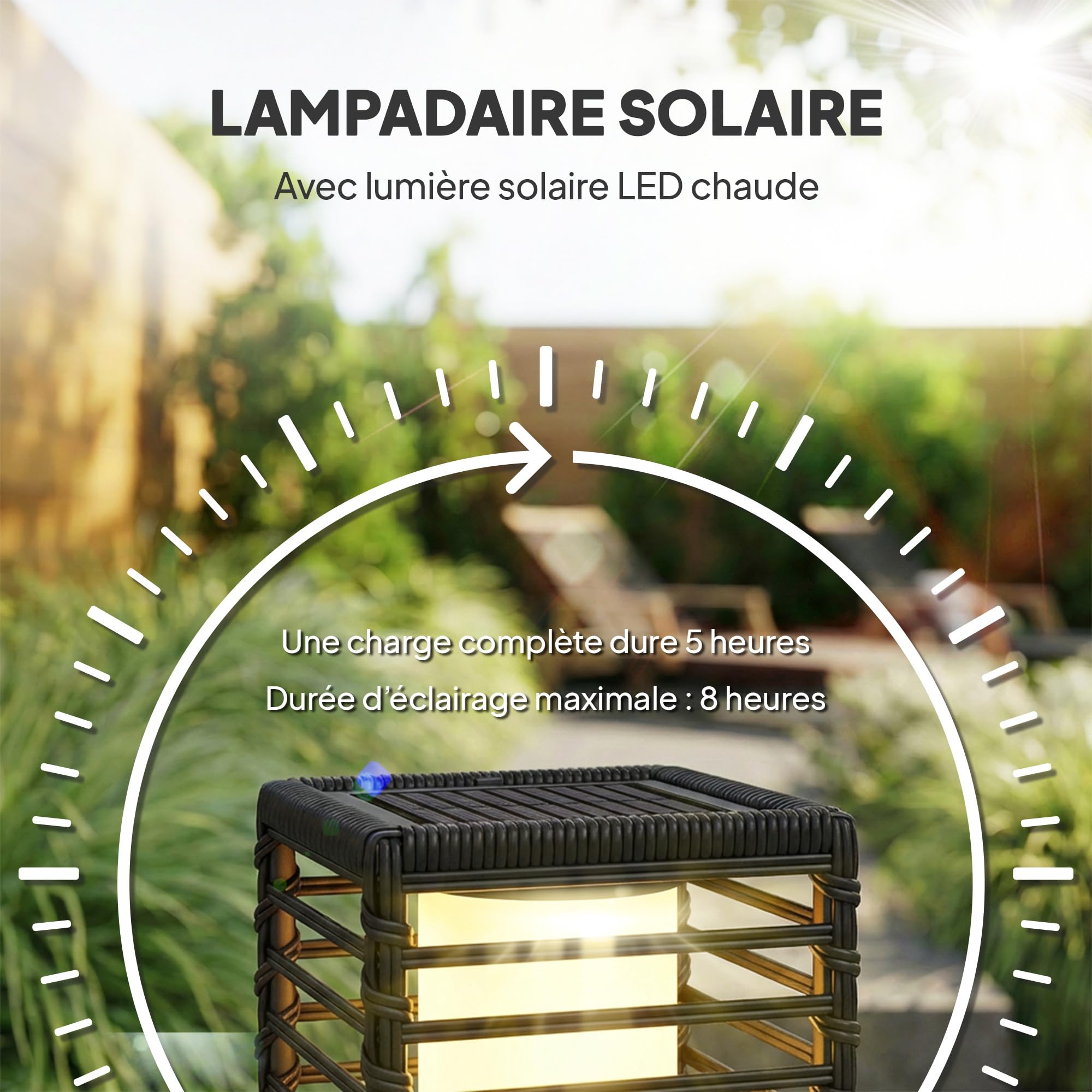 Outsunny Linterna Solar Exterior Resina Trenzada, Negro | Lámpara de pie inalámbrica, recargable, sensor de luz, LED