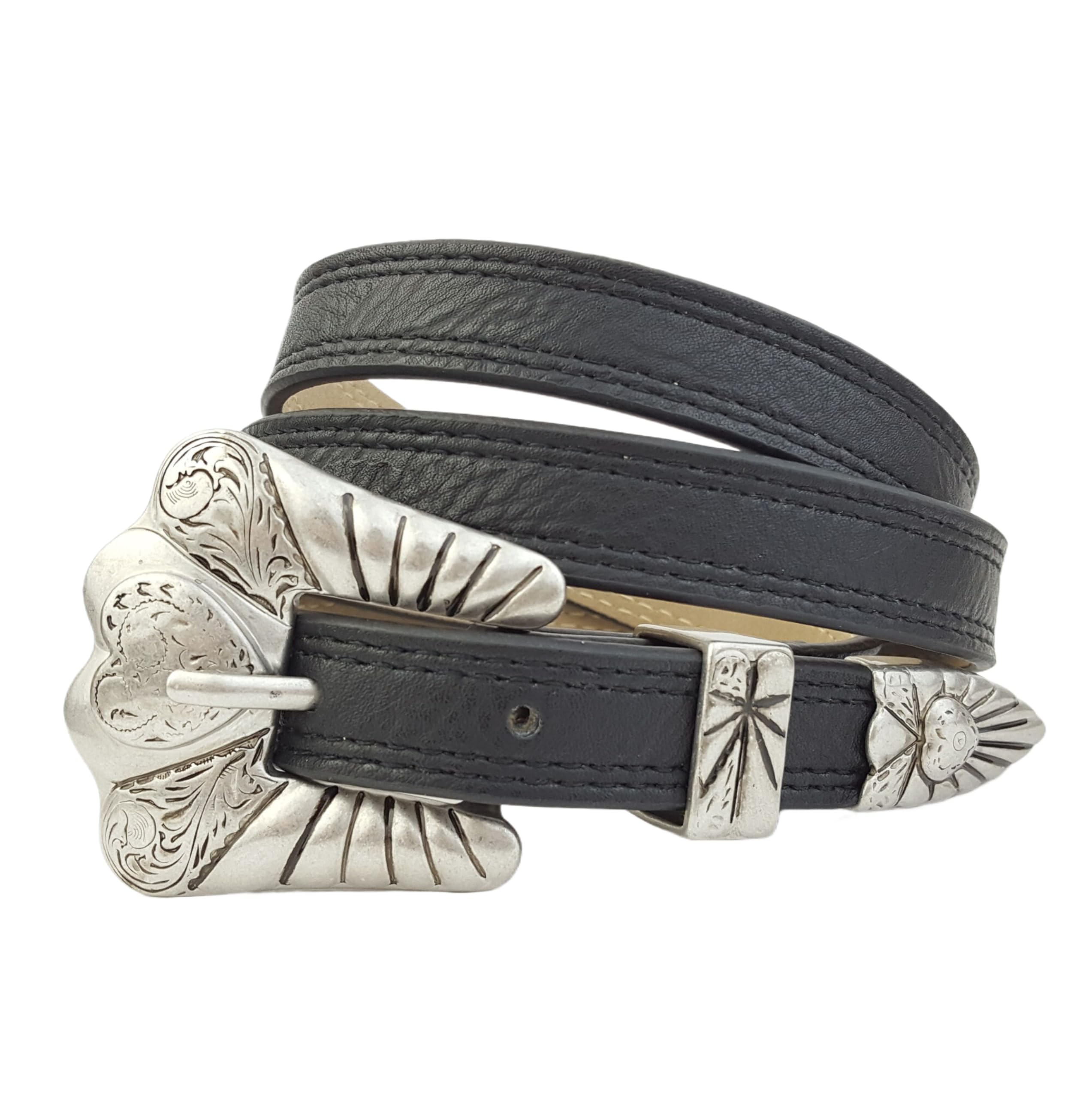 AXESORIA: Western Silver Heart Buckle, Loop and Tip Belt Black L/X