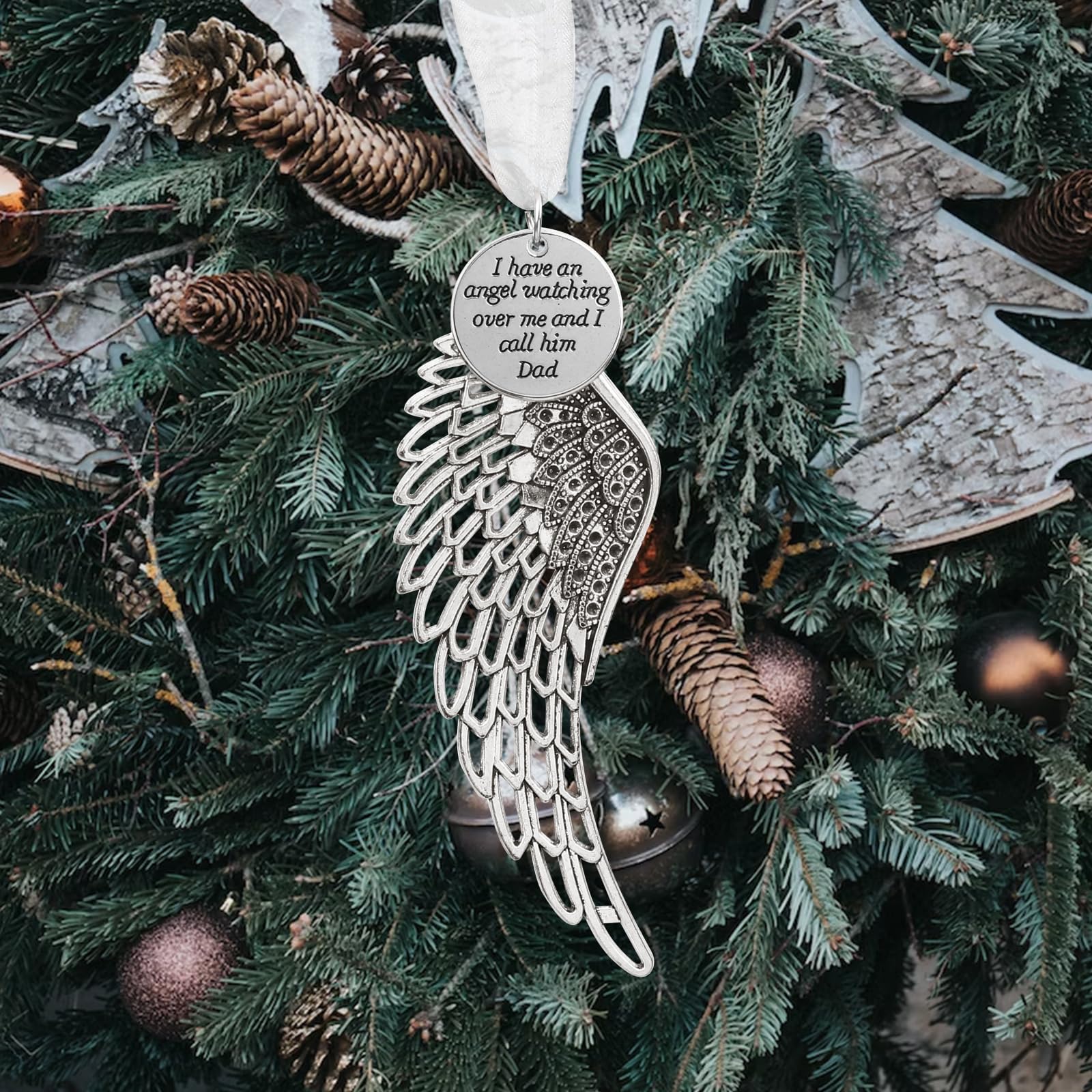 Christmas Memorial Ornaments Angel Wings for Loss of Loved One I Have an Angel Watching Over Me I Call Him Dad Sympathy Bereavement Gifts with Silk Ribbon & Red Gift Box