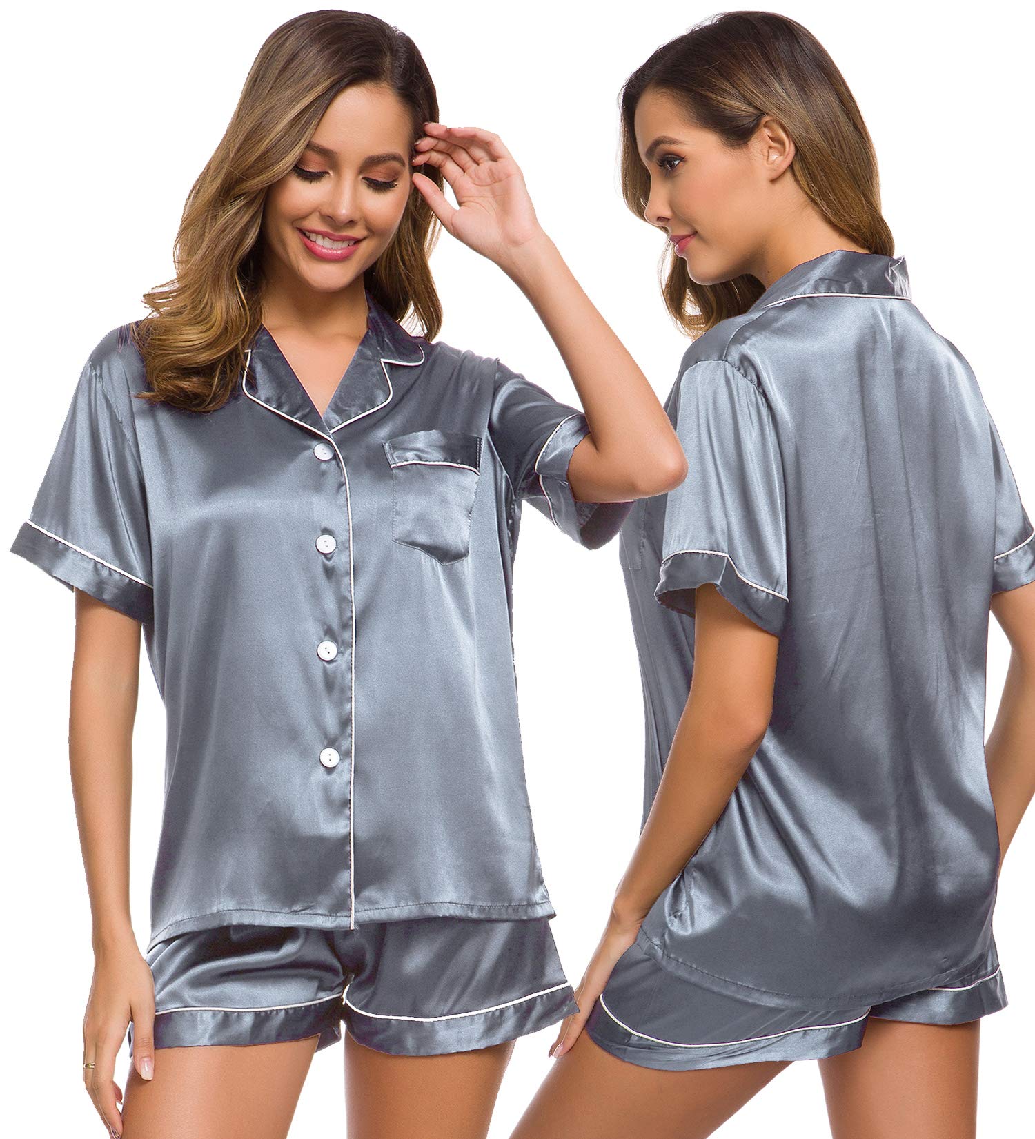 SWOMOGWomens Silk Satin Pajamas Set Short Sleeve Sleepwear Button Down Top and Shorts Loungewear 2 Piece Pjs Set XS-3XL