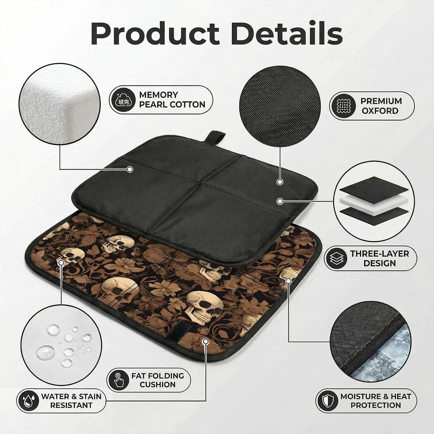 (Gothic Wallpaper Skull) Sitting Pad Foldable Seat Cushion Lightweight Camping Seat Mat with Hook for Outdoor Hiking Picnic Camping