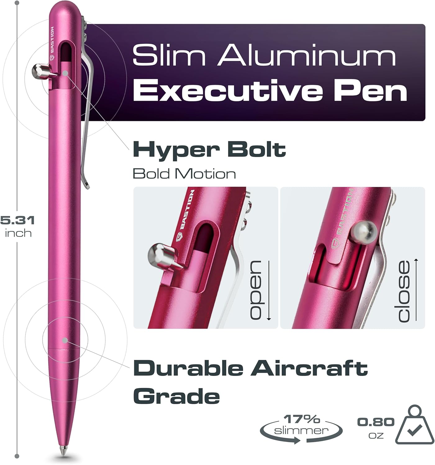BASTION® Luxury Slim Bolt Action Pen, Lightweight Aluminum EDC Pen with Fine Tip, Professional Ballpoint Pen for School and Work - Pink