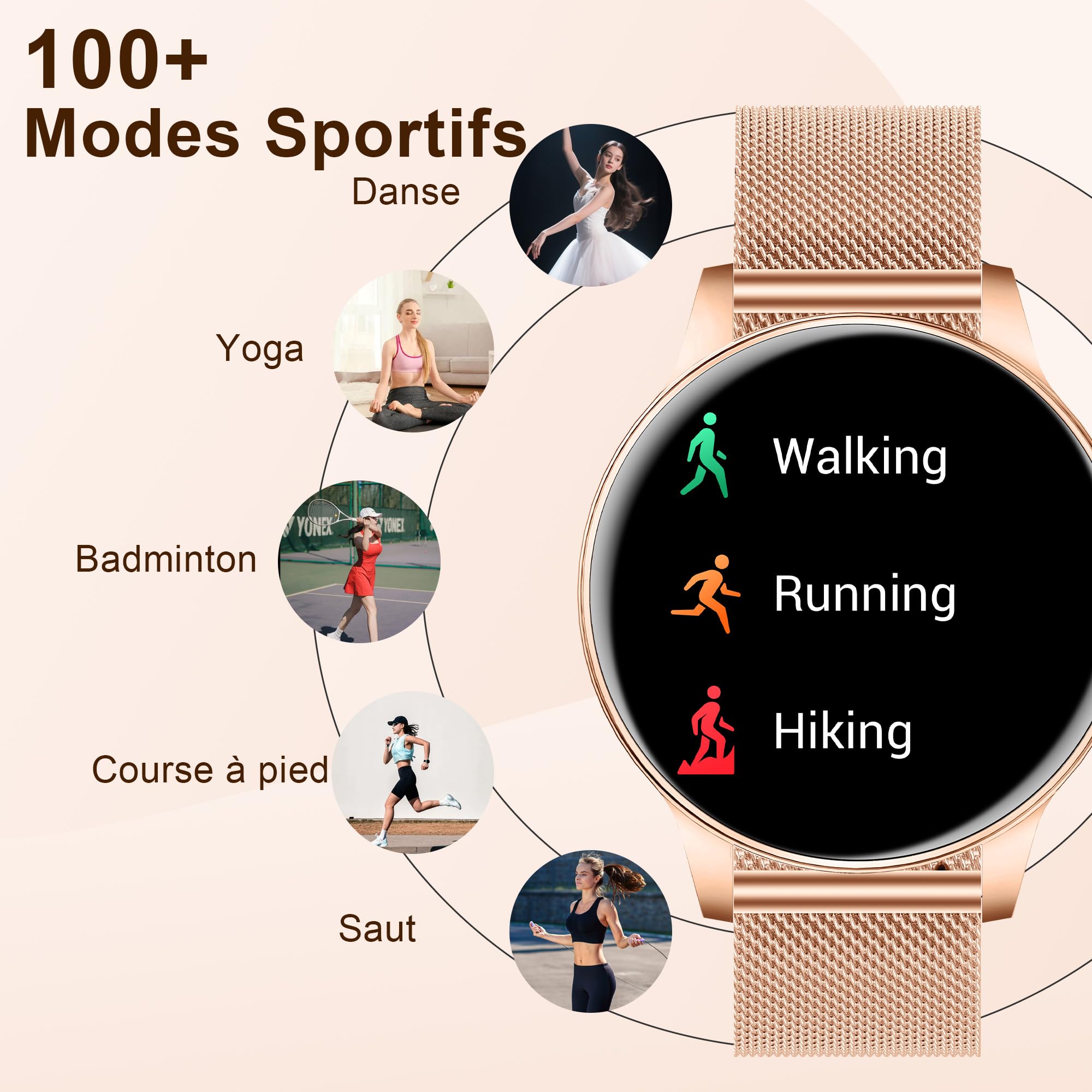 Montre Connectée Femme avec Appel Bluetooth, 1.27" HD Rond | Montre Sport pour iOS Android, Fréquence, Cardiaque, Sommeil, SpO2, 110+ Sportifs, IP68 étanche, 3 Bracelets, Or rose