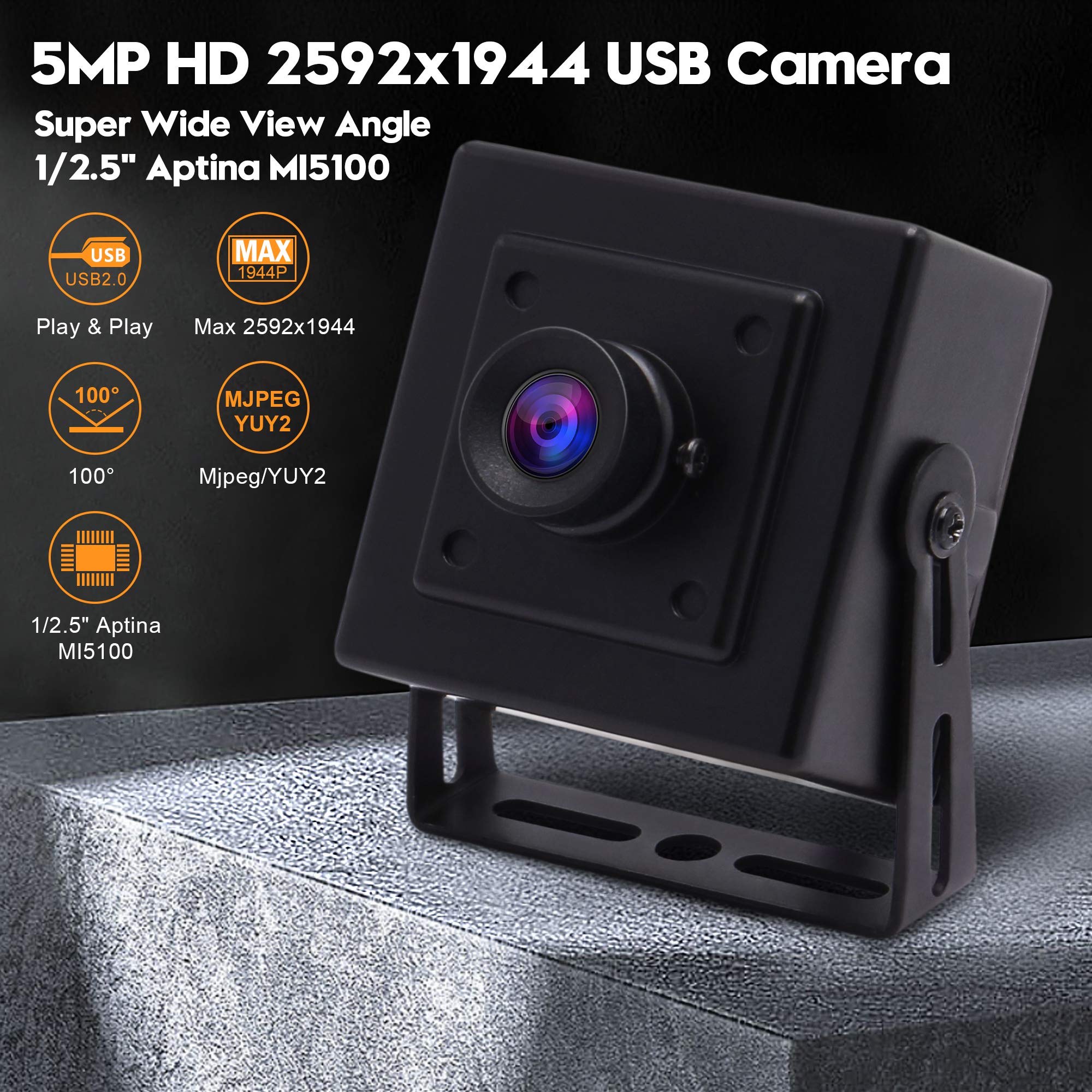Svpro Aptina MI5100 CMOS - Cámara web (5 megapíxeles, HD, 2592 x 1944, con carcasa metálica, cámara web portátil USB, 100 grados, sin distorsión, UVC OTG)