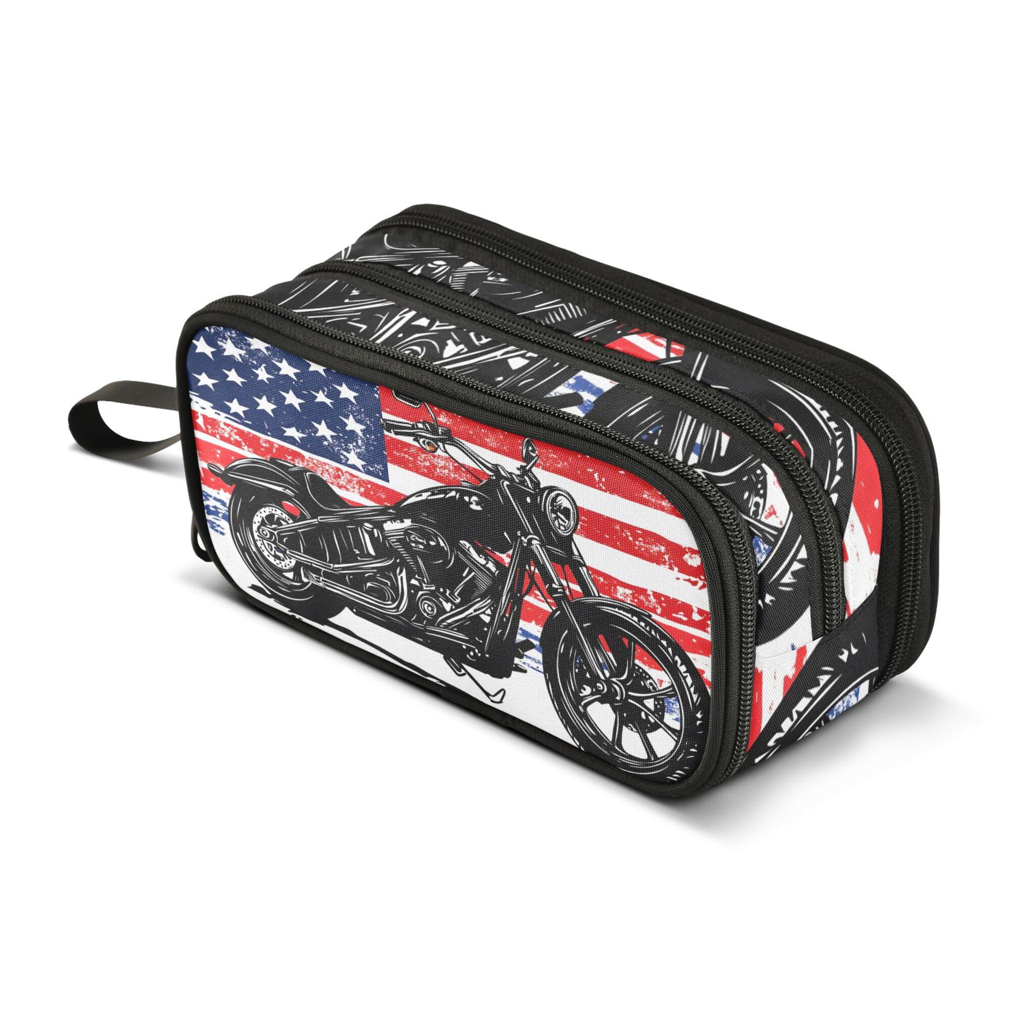 Large Pencil Case, Big Capacity Pencil Bag Pen Pouch Holder 3 Compartments, American Flag Motorcycle School Office Supplies Stationery Makeup Bag Storage Organizer for Students Girls Boys Women Men โ image 1