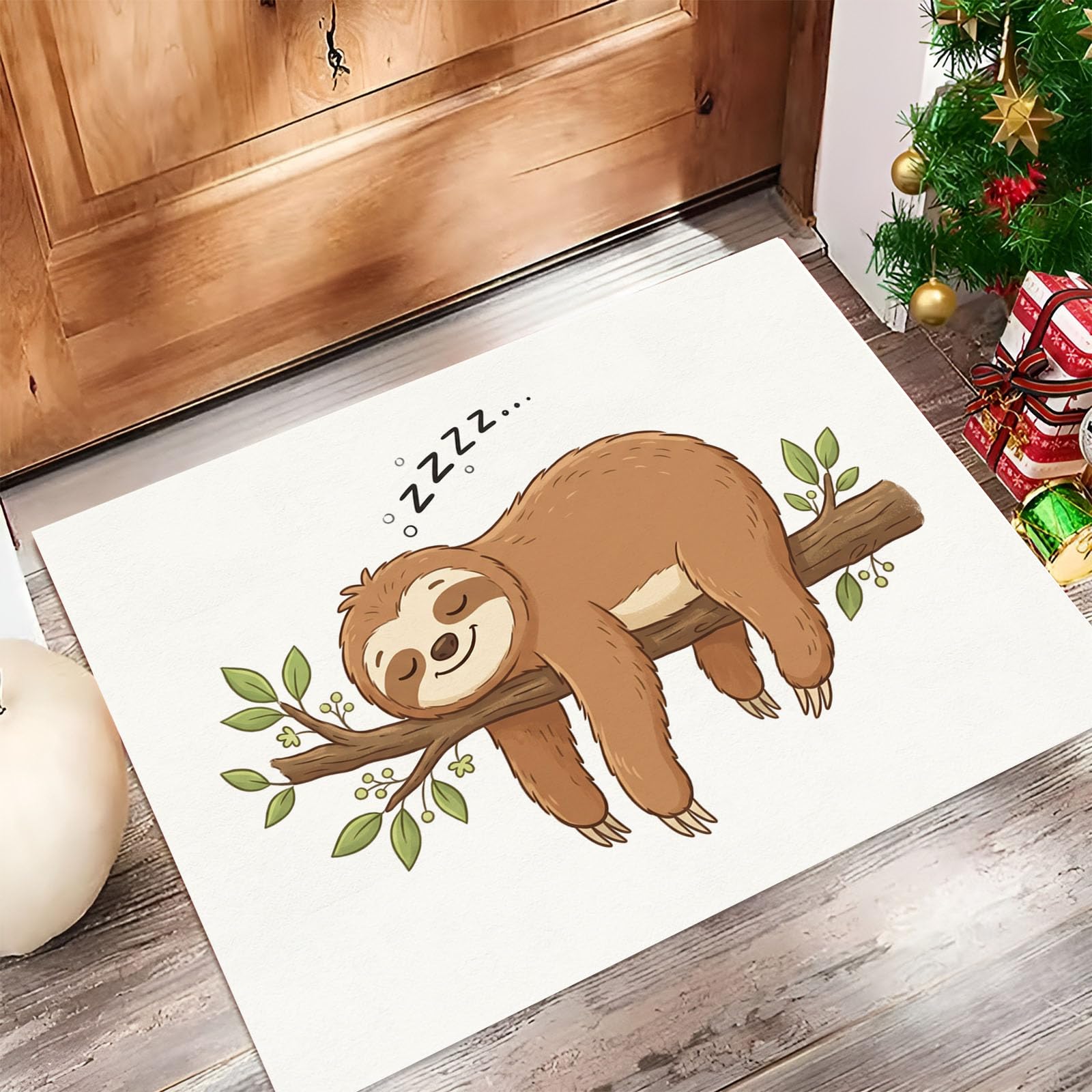 90X150Cm Zerbino Ingresso Interno Antiscivolo Assorbente, Tappeto Microfibra Sottile Lavabile Con Locandine Di Animali Cartone Animato Bradipo Dormiente Rami Per Cucina Bagno Porta Animali, Beige