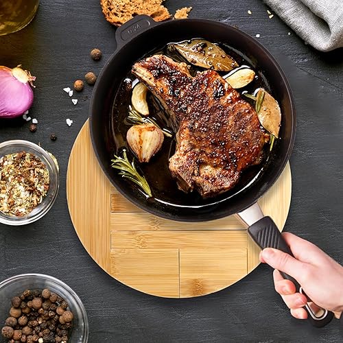 Miniatura 5 de Yarlung Paquete de 2 salvamanteles de bambú expandibles de 10 a 12.5 pulgadas, salvamanteles redondos de madera resistente al calor para platos