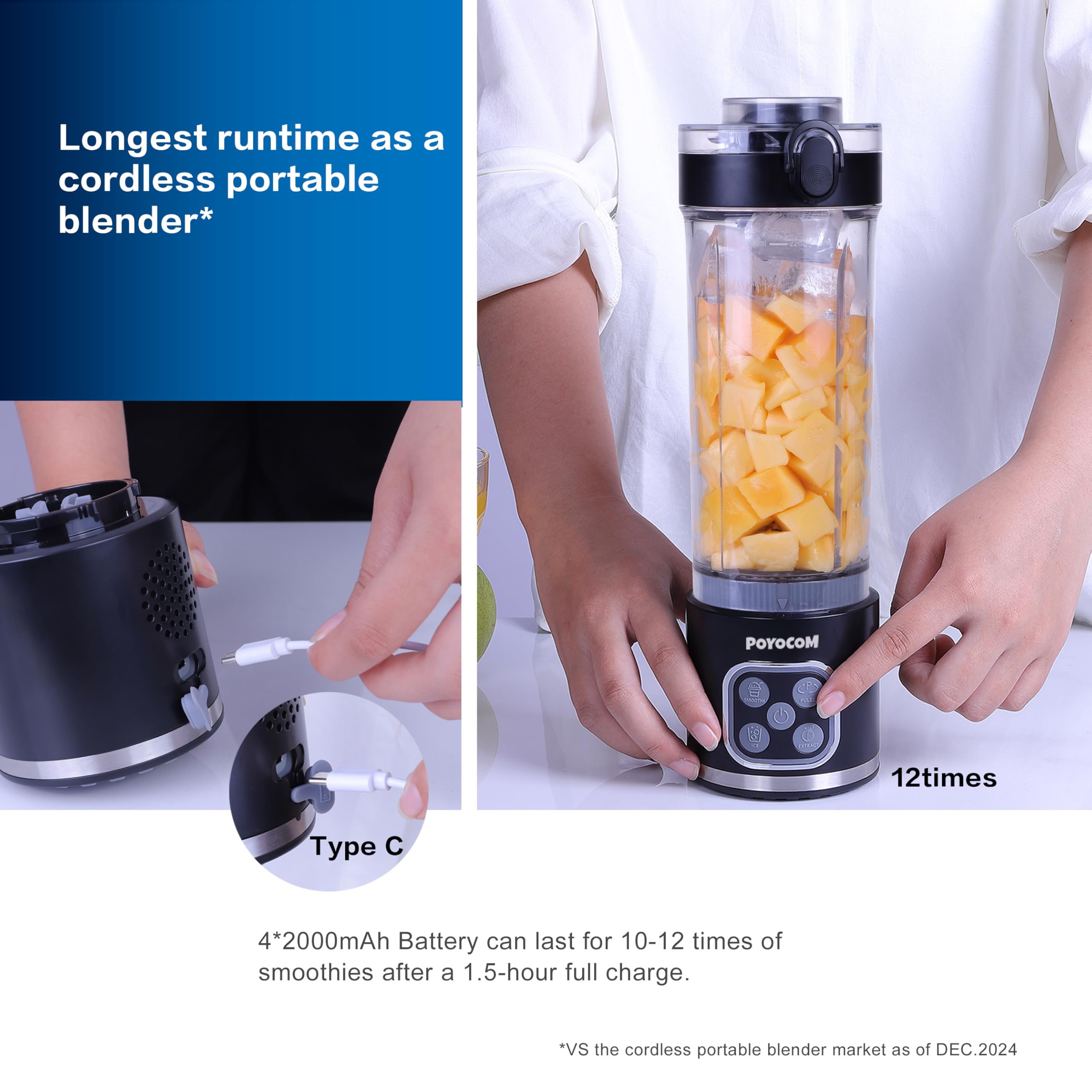 Mini-Standmixer und Smoothie-Maker, 750 ml abnehmbarer Behälter, 700W tragbarer Mixer, für Smoothies, Ice Crush, auslaufsicherer Deckel und Trinkschnabel, wiederaufladbar über USB-C, Schwarz