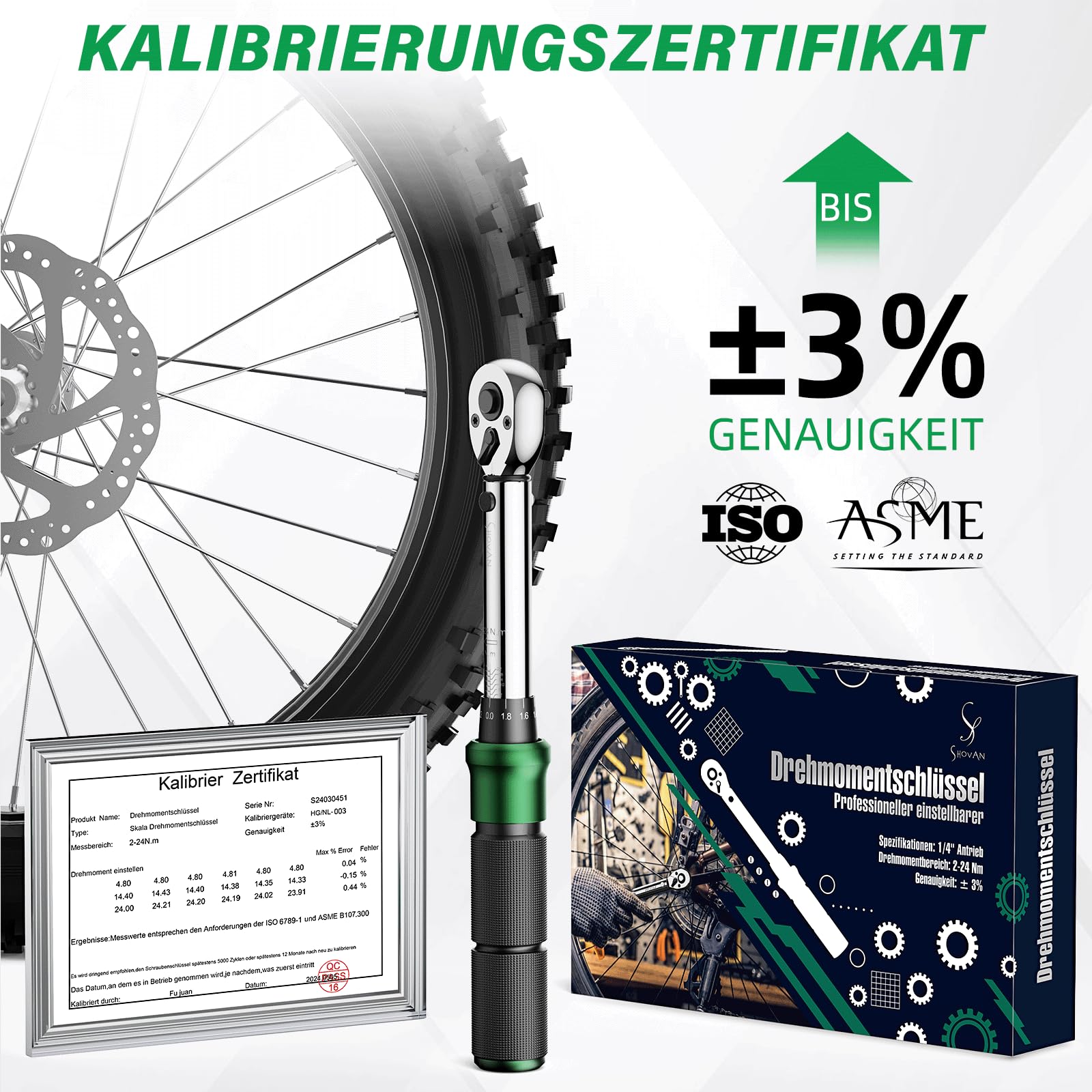 Chiave Dinamometrica Bici, Set Chiavi a Cricchetto 1/4 di Pollice 2-24 Nm, Cricchetto Reversibile a 72 Denti, Precisione di Errore ± 3%, con Adattatore da 3/8", Punte Phillips Hex e Torx