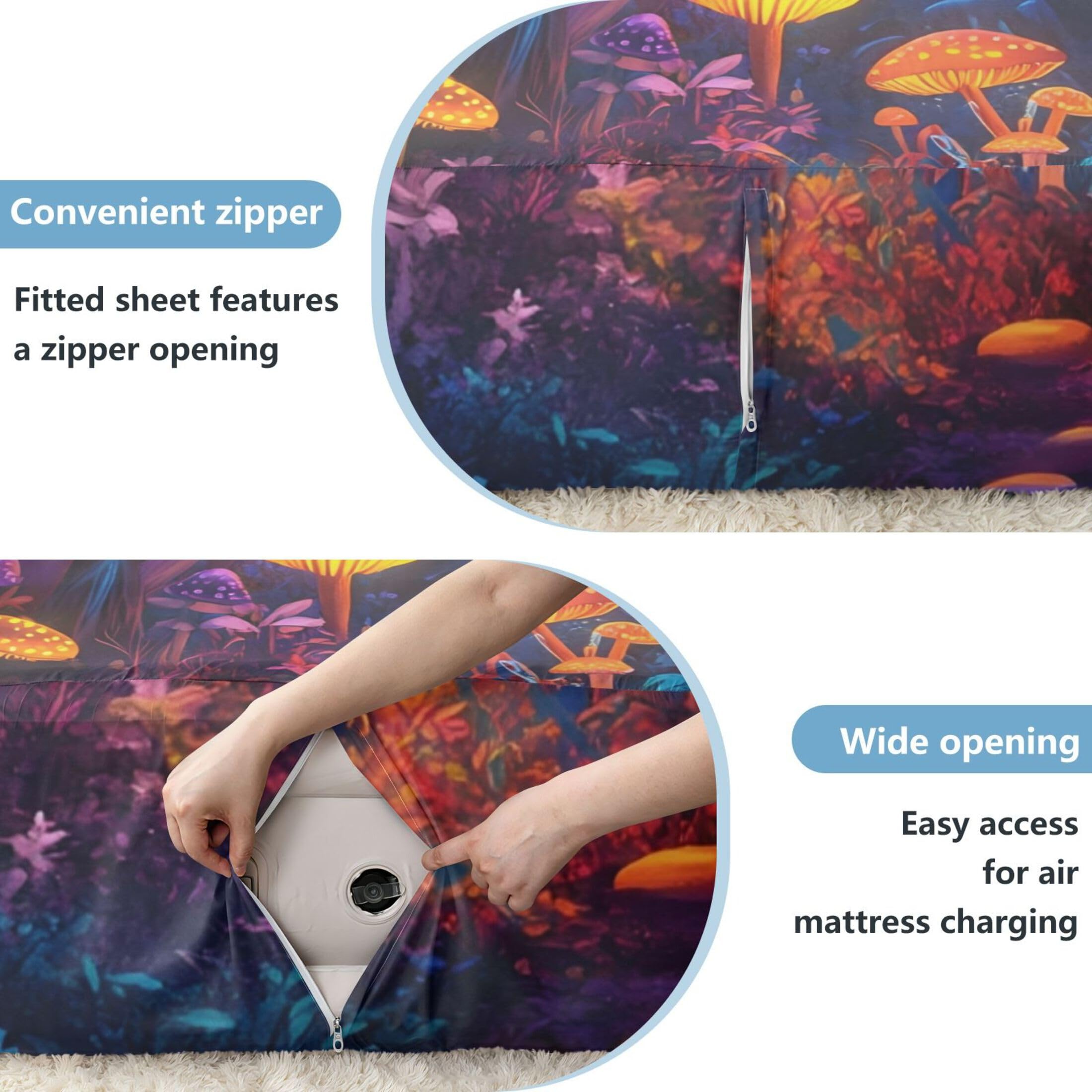 Sábana bajera ajustable tamaño individual con diseño de hongos coloridos para colchón de aire, bolsillo extra profundo de 24 pulgadas, funda suave y transpirable con apertura de válvula de