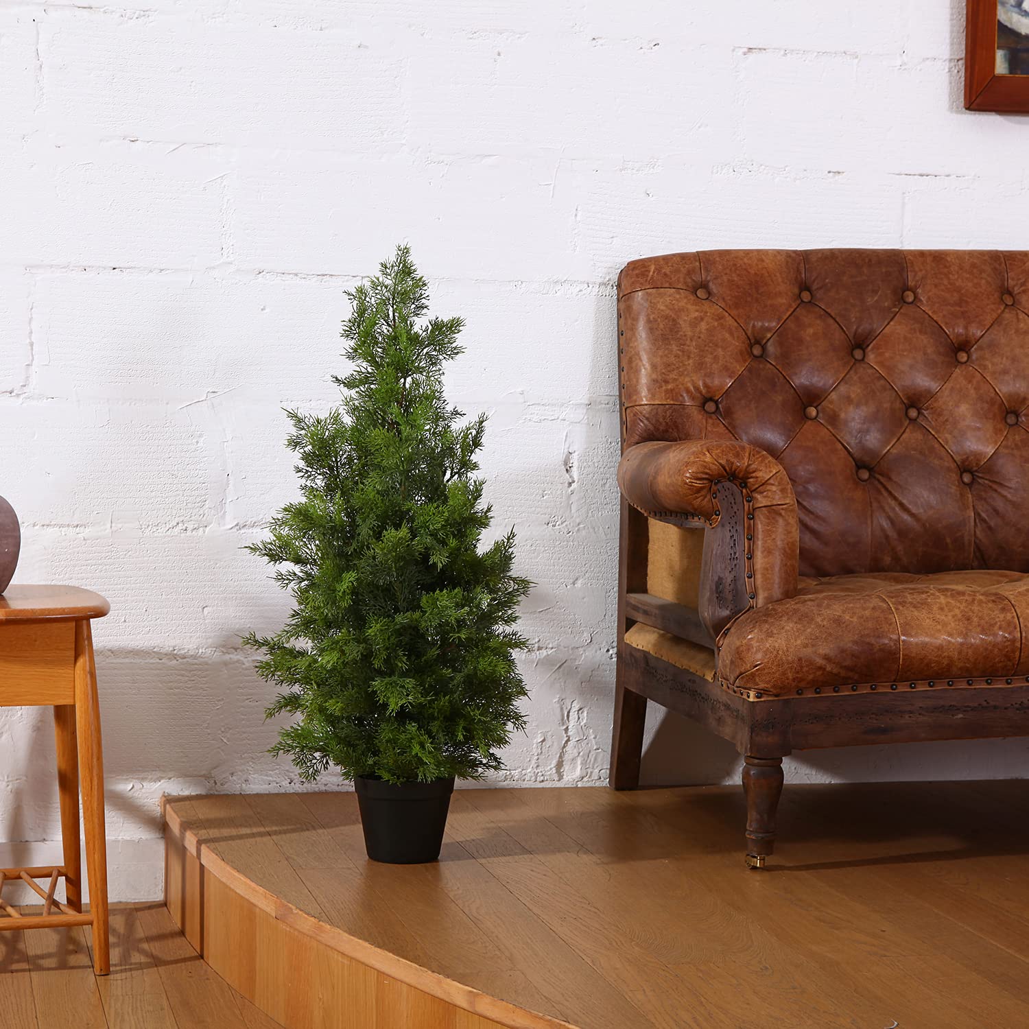 LOMANTO Outdoor Artificial Topiary Cedar Tree 2Pack Fake Tree 3Ft UV Rated Potted Plants for Porch Decor Faux Pine Tree for Perfect Housewarming Gift