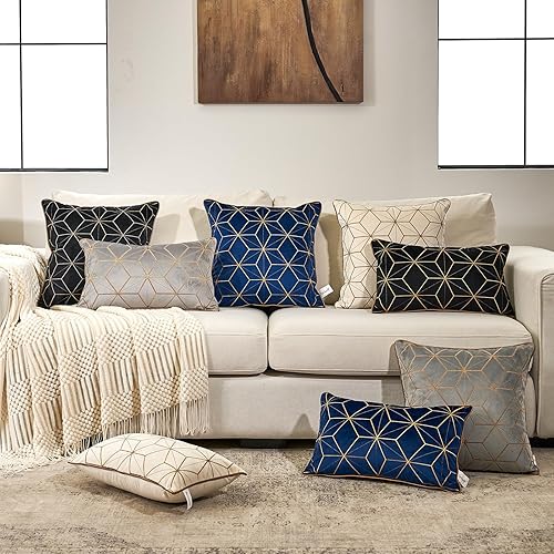 Miniatura 6 de Aeckself Funda de cojín de terciopelo bordada de terciopelo de 12 x 20 pulgadas, color azul marino y dorado, funda de cojín rectangular moderna de