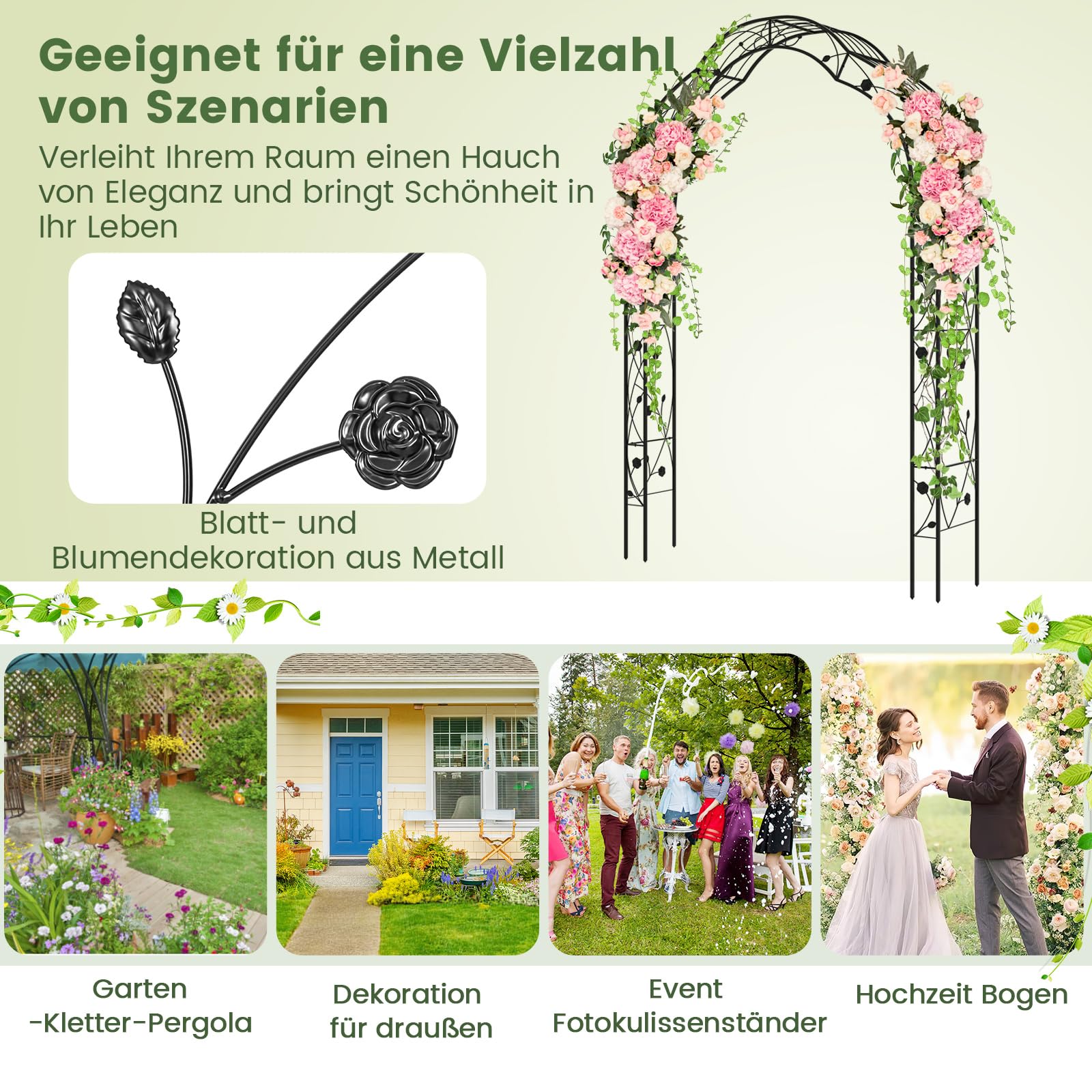 COSTWAY Rosenbogen halbrund, Gartenbogen Metall für Kletterpflanzen, 2 Halbbögen Garten, Torbogen Rosengitter Rankhilfe, Rankgitter Rosenspalier, für Veranda Hochzeit Partys, 150x40,5x251,5cm, Schwarz