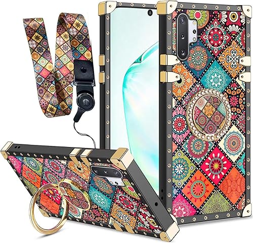 Funda de teléfono cuadrada retro para Samsung Note 10 Plus con anillo de soporte y cordón, para niñas y mujeres, hippie, bohemio, psicodélico,