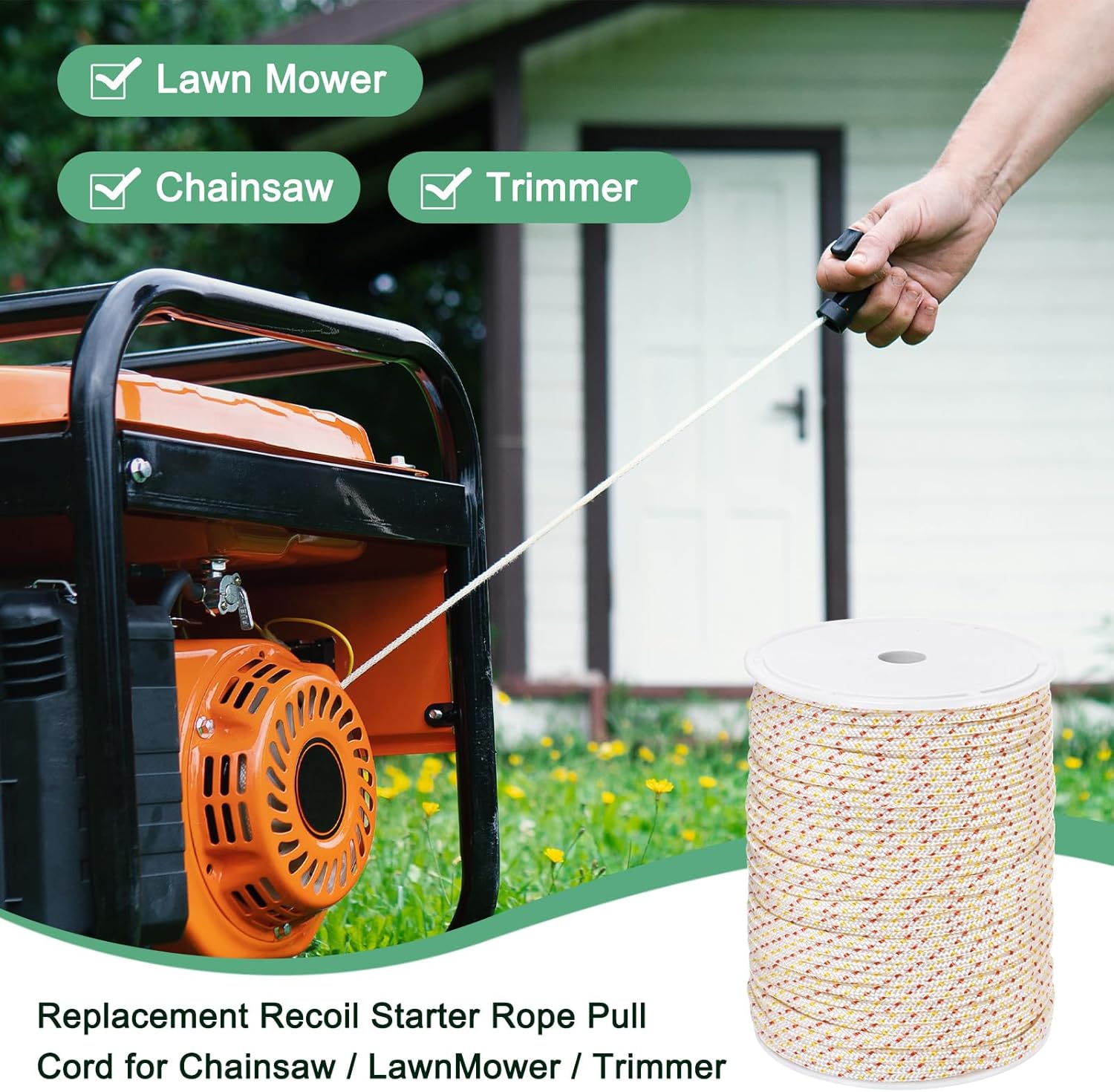 M METERXITY Recoil Starter Rope Pull Cord 4mm 100m Pull Starter Rope Nylon Pull Cord Pull Starter Rope for Mower/Chainsaw/Trimmer/Brush Cutter [White Red Yellow]