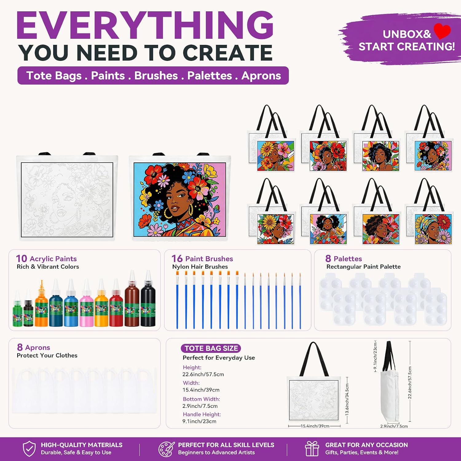 DIY Paint by Numbers Canvas Bag Set for Adult Beginners(8PC African Queen）