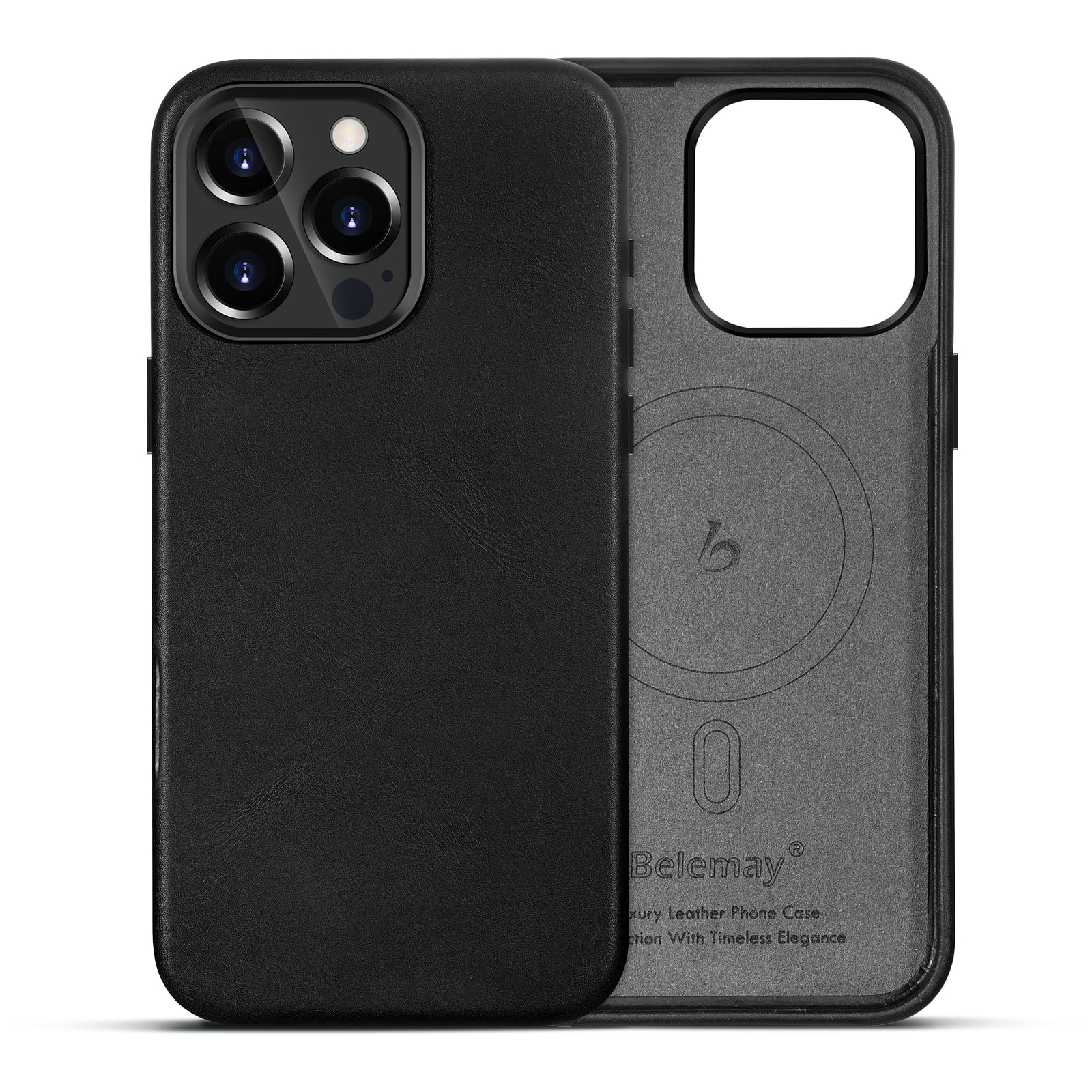 Belemay Compatible with iPhone 16 Pro Leather Case, Compatible with MagSafe, Premium Full-Grain Vegetable-Tanned Leather, Metal Buttons & Camera Bump Frame, Slim&Sleek Luxury Cover (6.3") Black
