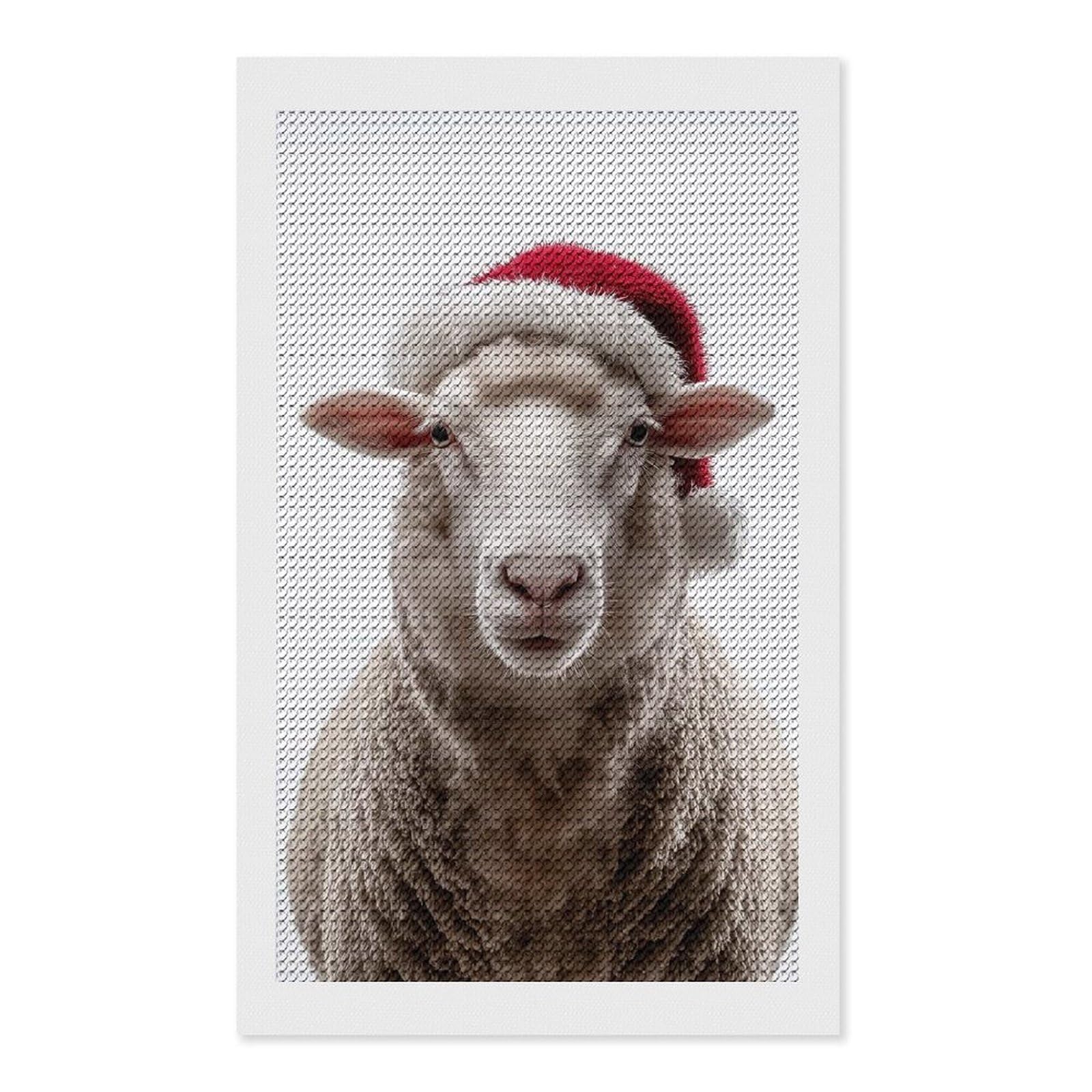 Junmoney Sheep Wearing Santa Hat Crystal Diamond Art Kit 12"x20", Stress Relief Craft, Decorative Artwork, Vintage Style Decor, Birthday Gift