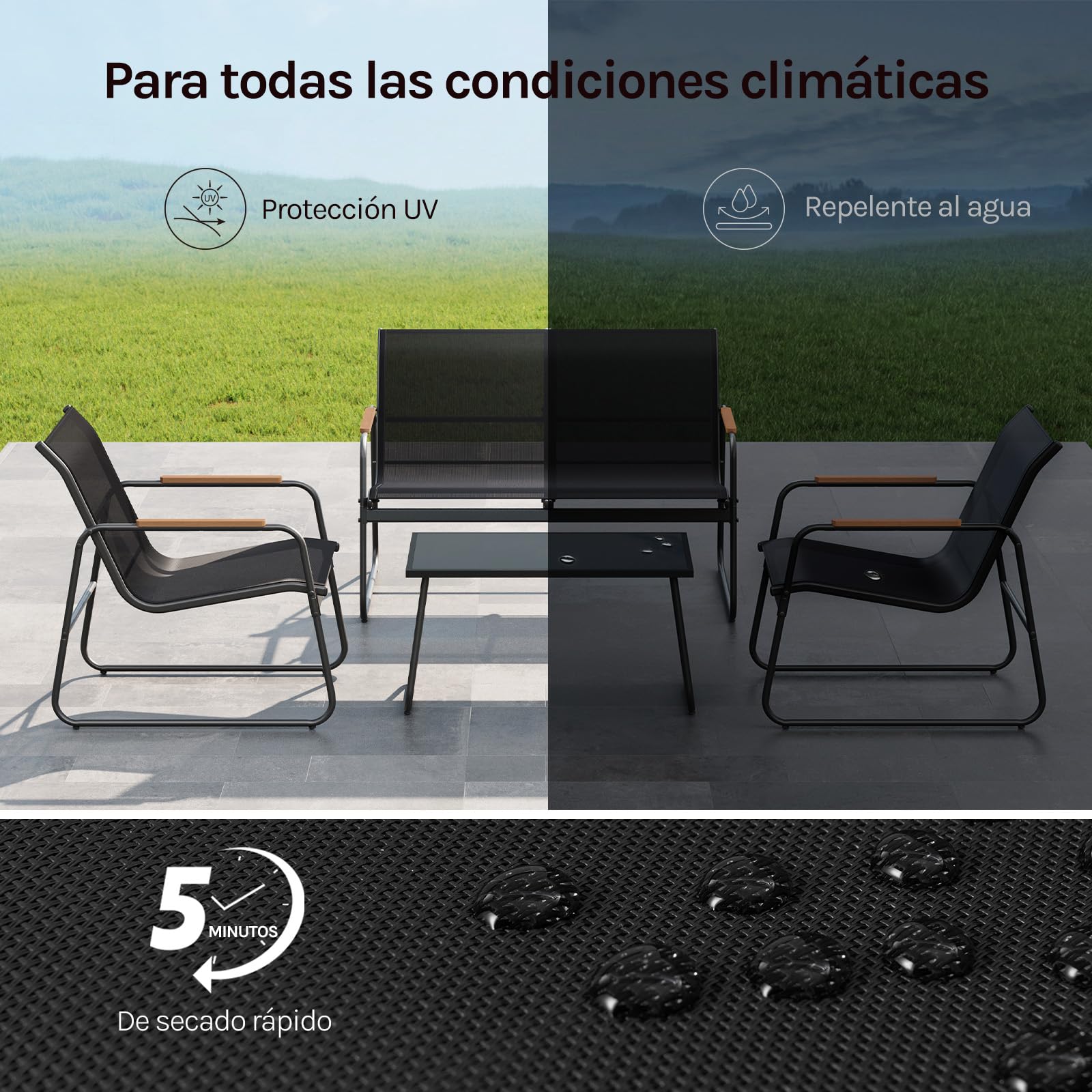 WOLTU Muebles Jardín de 4 Piezas, 1 Mesa 2 Sillas Terraza y 1 Sofá, Conjunto Jardín Exterior Resistente a Intemperie, Estructura Metal Resistente, Tela Transpirable, para Balcón Patio Terraza, Negro