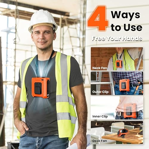 Uplayteck Portable Waist Fan - 5 Speeds 18000RPM Strong Airflow, 10000mAh Battery Powered, 35H Cooling, Hands-Free Waist/Neck/Desk Fan with Flashlight for Outdoor Jobsite Camping Travel (Orange) - 4