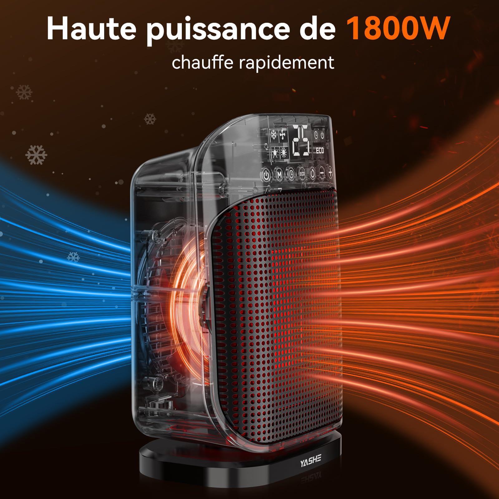 YASHE Chauffage d'appoint 1800W, Radiateur électrique en céramique PTC avec thermostat, minuterie 24h, télécommande, oscillant 75°, protection anti-surchauffe et anti-basculement, mode ECO