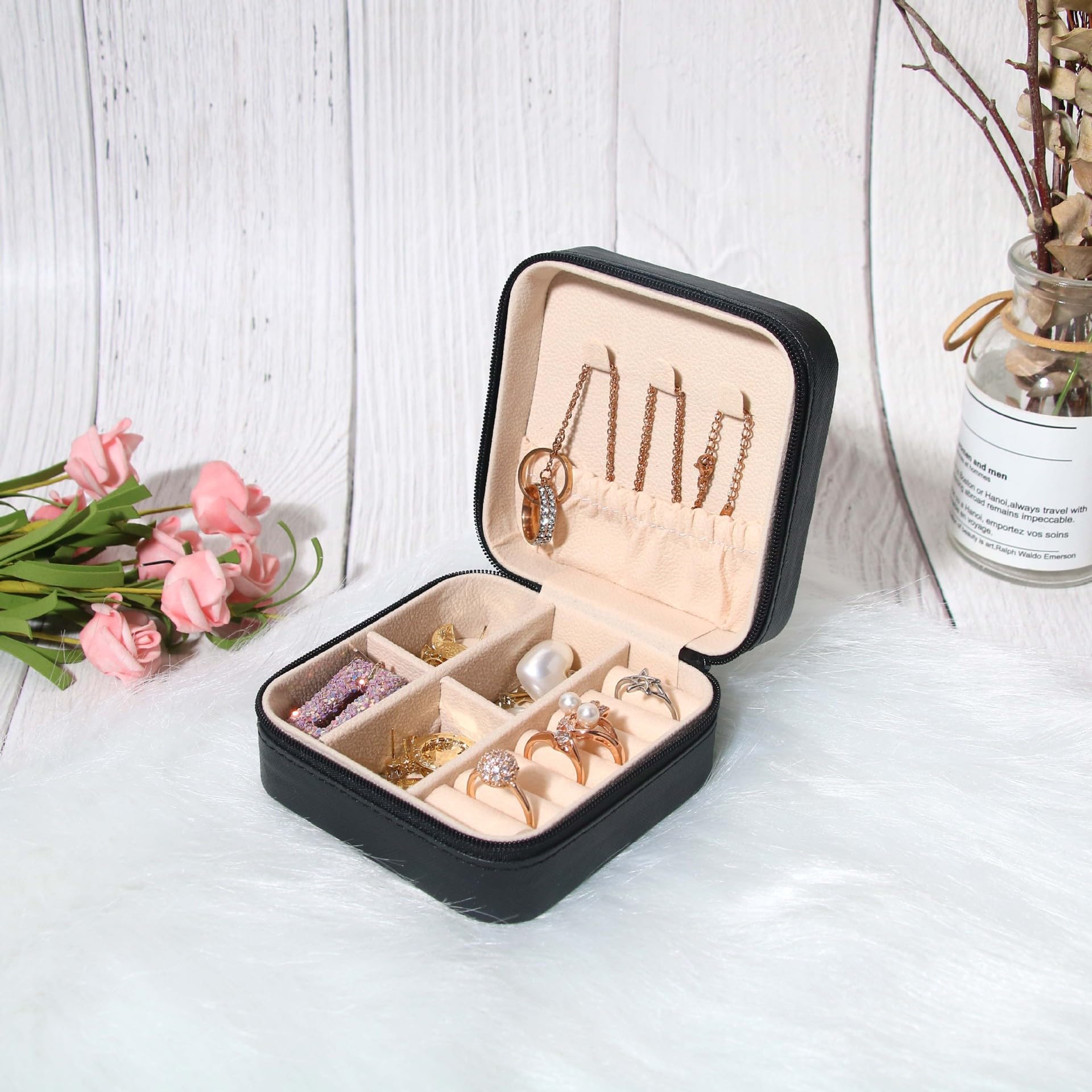 Mini Travel Jewelry Box Portable PU leather Small Jewelry Organizer Display Storage Case for Necklace Earrings Rings (Black)