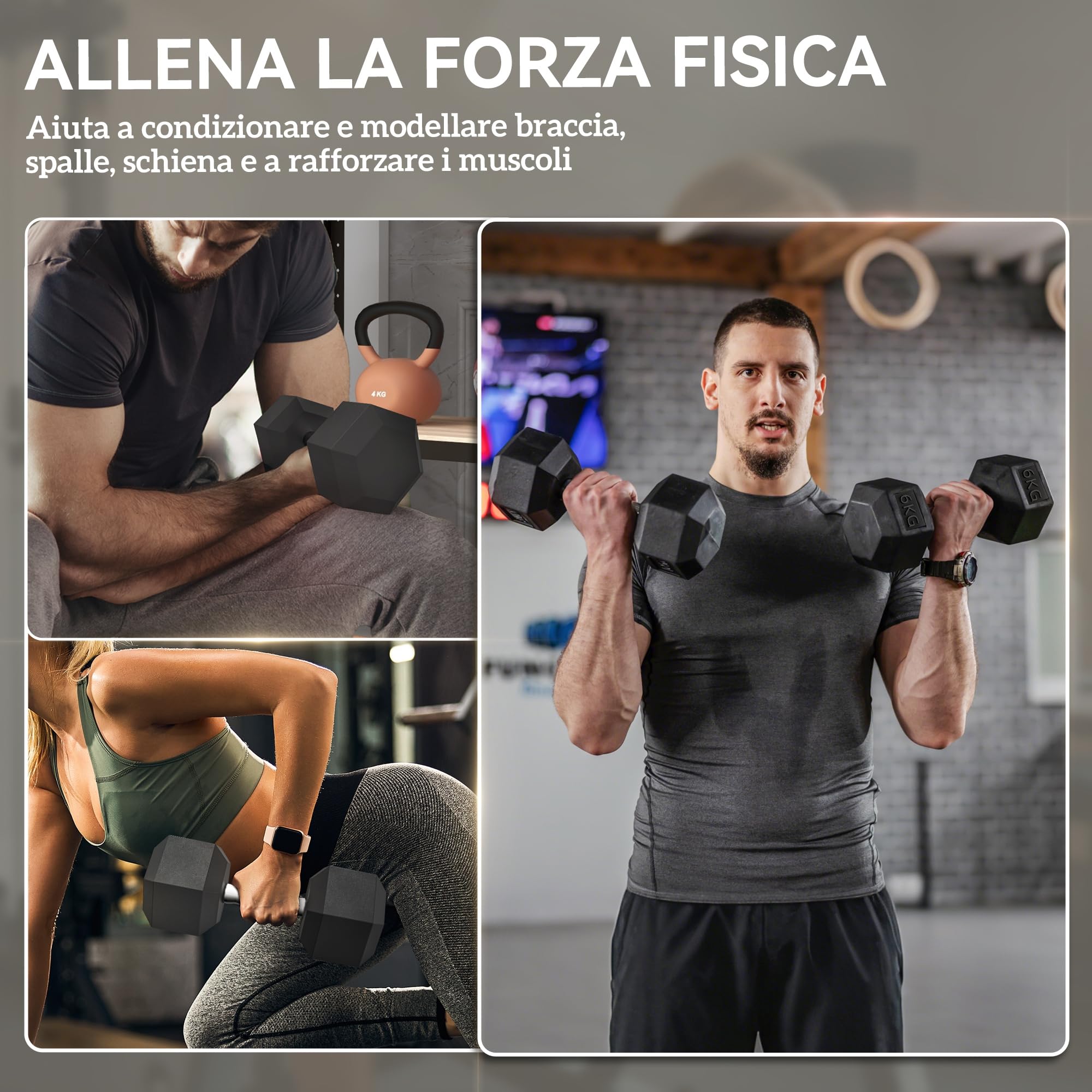 HOMCOM Set di 2 Manubri da 4/5/6/10 kg Esagonali, Coppia di Pesi per Palestra con Presa Antiscivolo e Rivestimento in Gomma, Nero