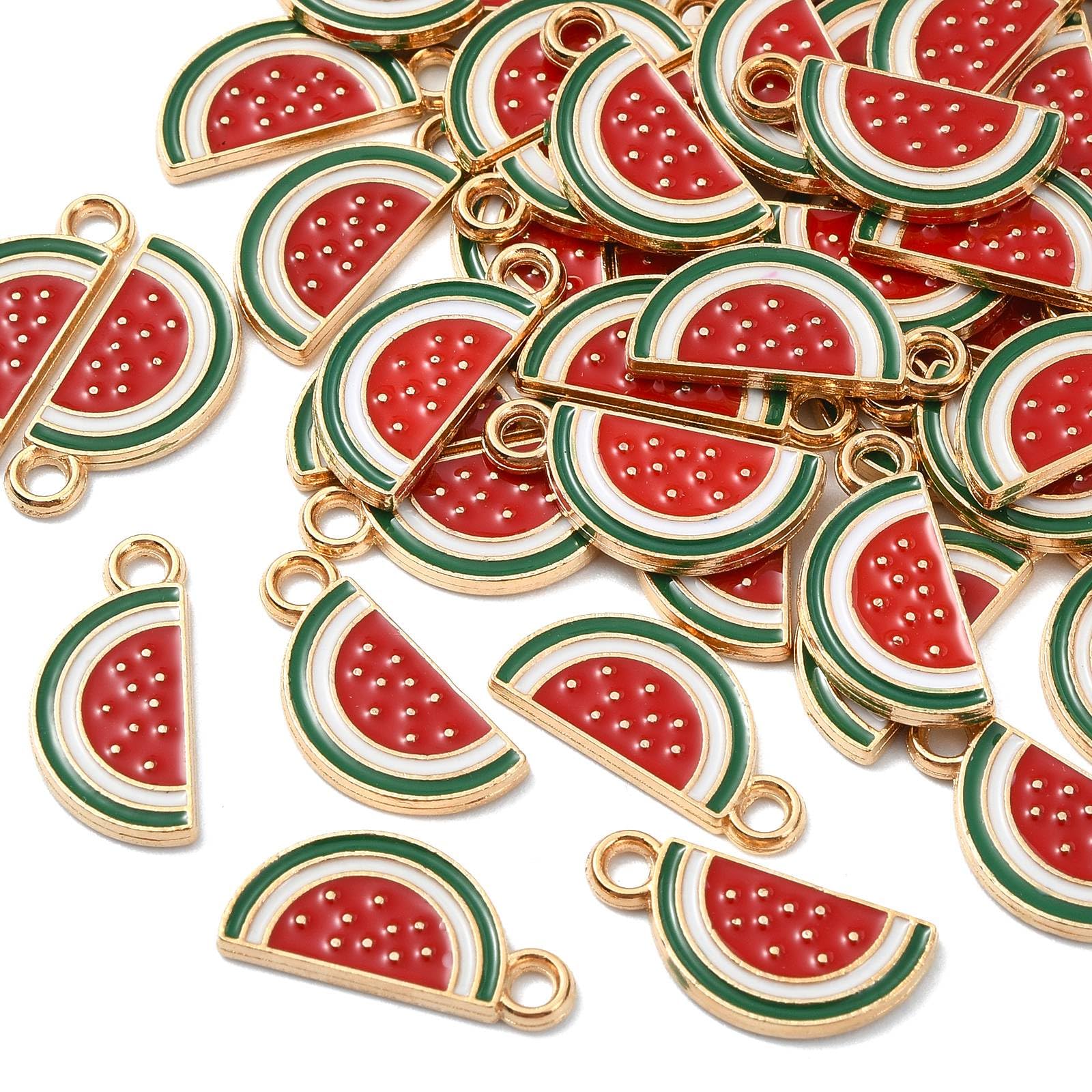 DanLingJewelry 100Pcs Watermelon Slice Charms Alloy Enamel Red & Green Summer Fruit Charms for DIY Bracelets Necklaces Keychains