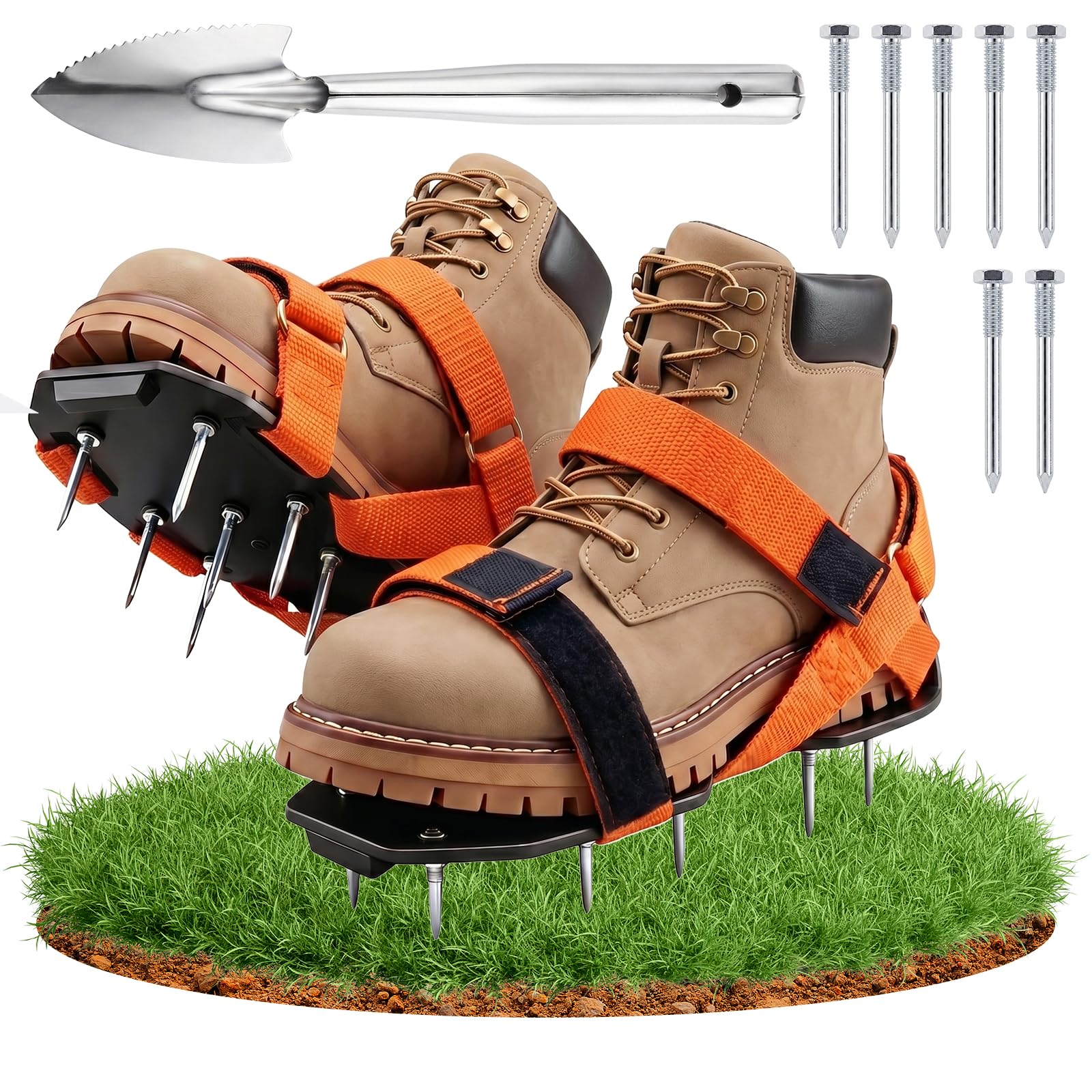 GINELSON Lawn Aerator Shoes with Dual Straps On Instep Heavy Duty Spiked Aerating Sandals Shoes for Effective Aerating Universal Size Pre-Assembled Lawn Scarifier for Lawns Yar Garden Grass, 7 Spare S