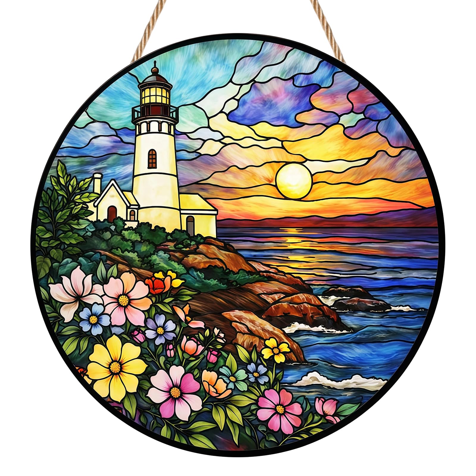 Lighthouse Suncatcher, Acrylic Stained Glass Style Sun Catchers for Windows, Coastal Landscape Garden Ornament Outdoor, Natural Aesthetics Hanging Ornament for Garden, Fence and Home Decor
