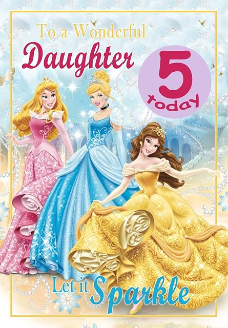 Birthday Card for Daughter Age 5  Disney Princess  Optional Personalised Extra Large 77MM Badge - Full Colour Inside!