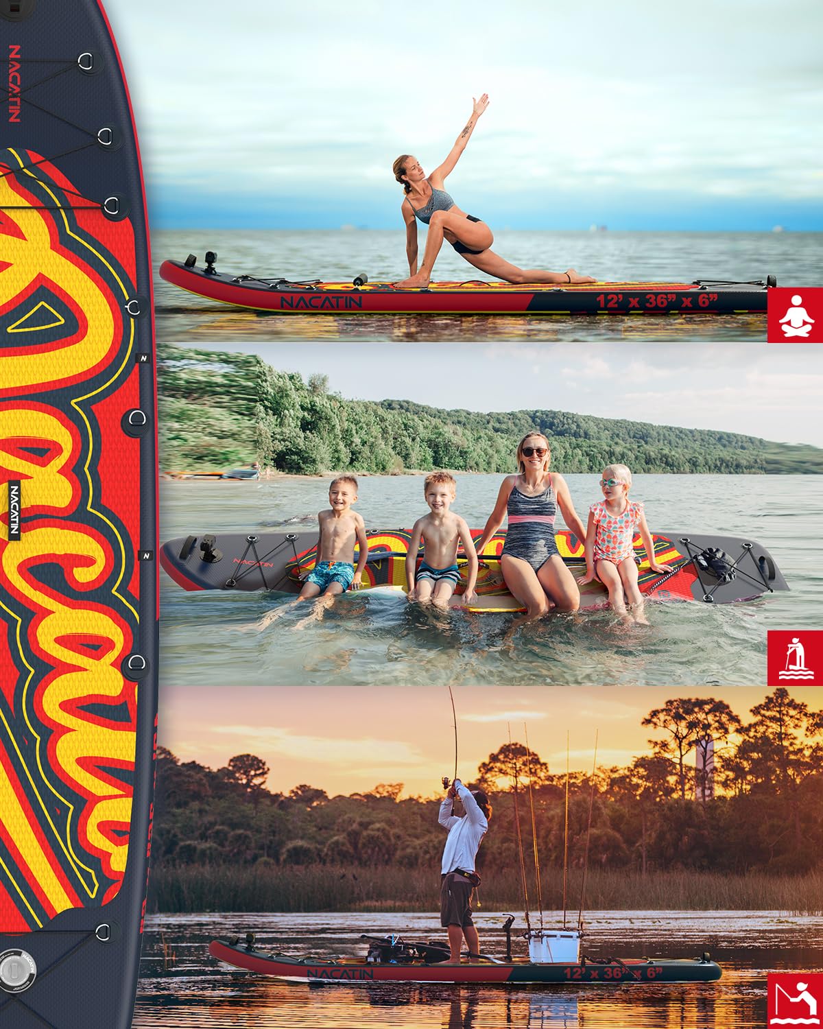 NACATIN 366cm (12ft) aufblasbares SUP Board mit Sitz, breites 91cm (36in) Stand Up Paddling Board für Erwachsene & Familie, mit Einzel-/Doppelpaddel, Kajaksitz, stabiles breites Deck für Anfänger