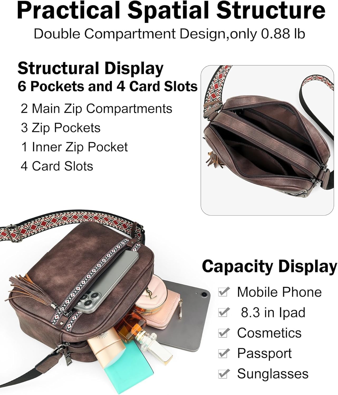 FADEON Crossbody Bags for Women Designer Vegan Leather Crossbody Purse Multi-pocket Medium Shoulder Bag with Card Slots - Image 6