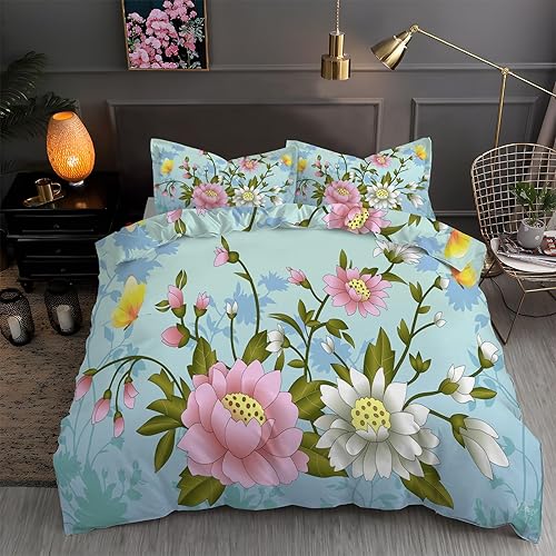 Juego de funda de edredón con estampado de flores, tamaño matrimonial, funda de edredón de microfibra suave y 2 fundas de almohada de 20 x 26