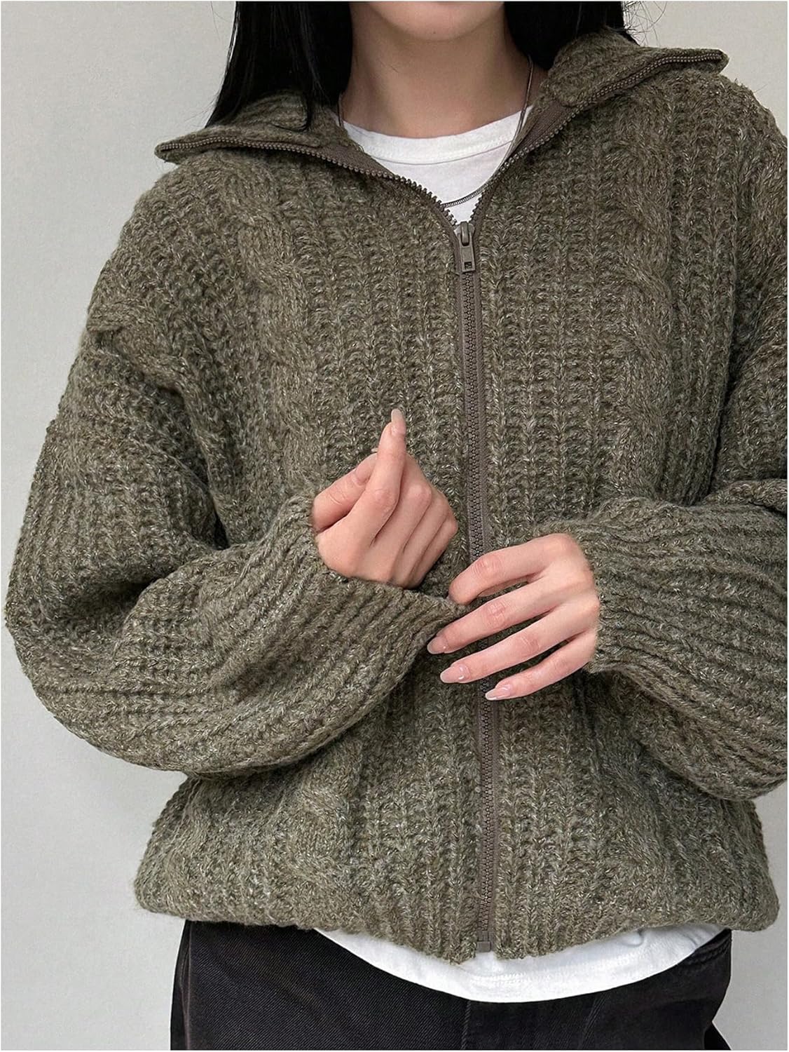 OYOANGLE Women's Zip Up Cable Knit Cardigan Sweater Long Sleeve Oversized Knitwear Tops - Image 4