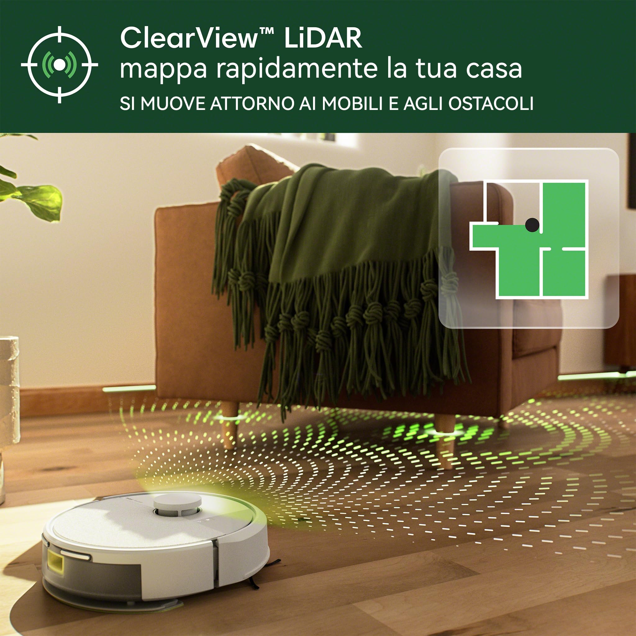 iRobot Roomba 105 Combo, Robot Aspirapolvere Lavapavimenti, Pulizia a 4 Fasi, Navigazione ClearView LiDAR, Rilevamento di Tappeti/Moquette, Pulizia Mirata, Controllo tramite App, Bianco