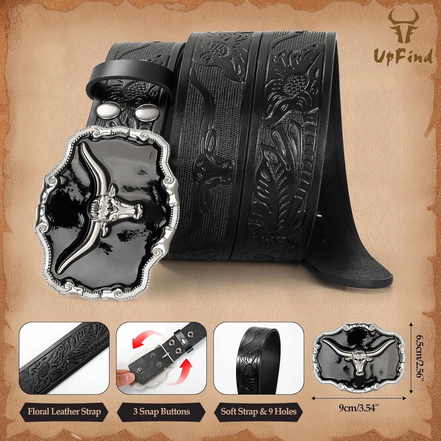 Western Leather Belt for Men Black Cowboy Buckle Belt for Jeans Vintage Country Belt - Image 5