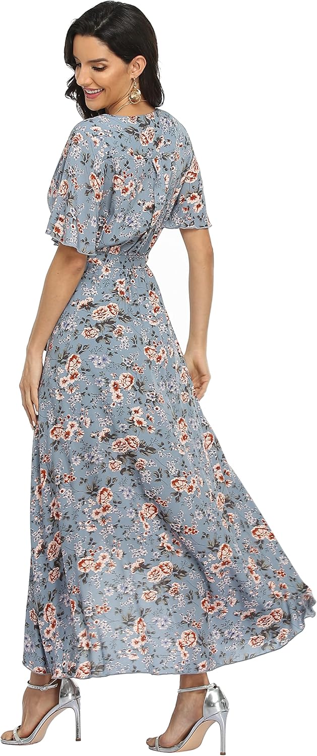 VintageClothing Women's Wrap V Neck Floral Summer Dresses High Low Maxi Casual - Image 3