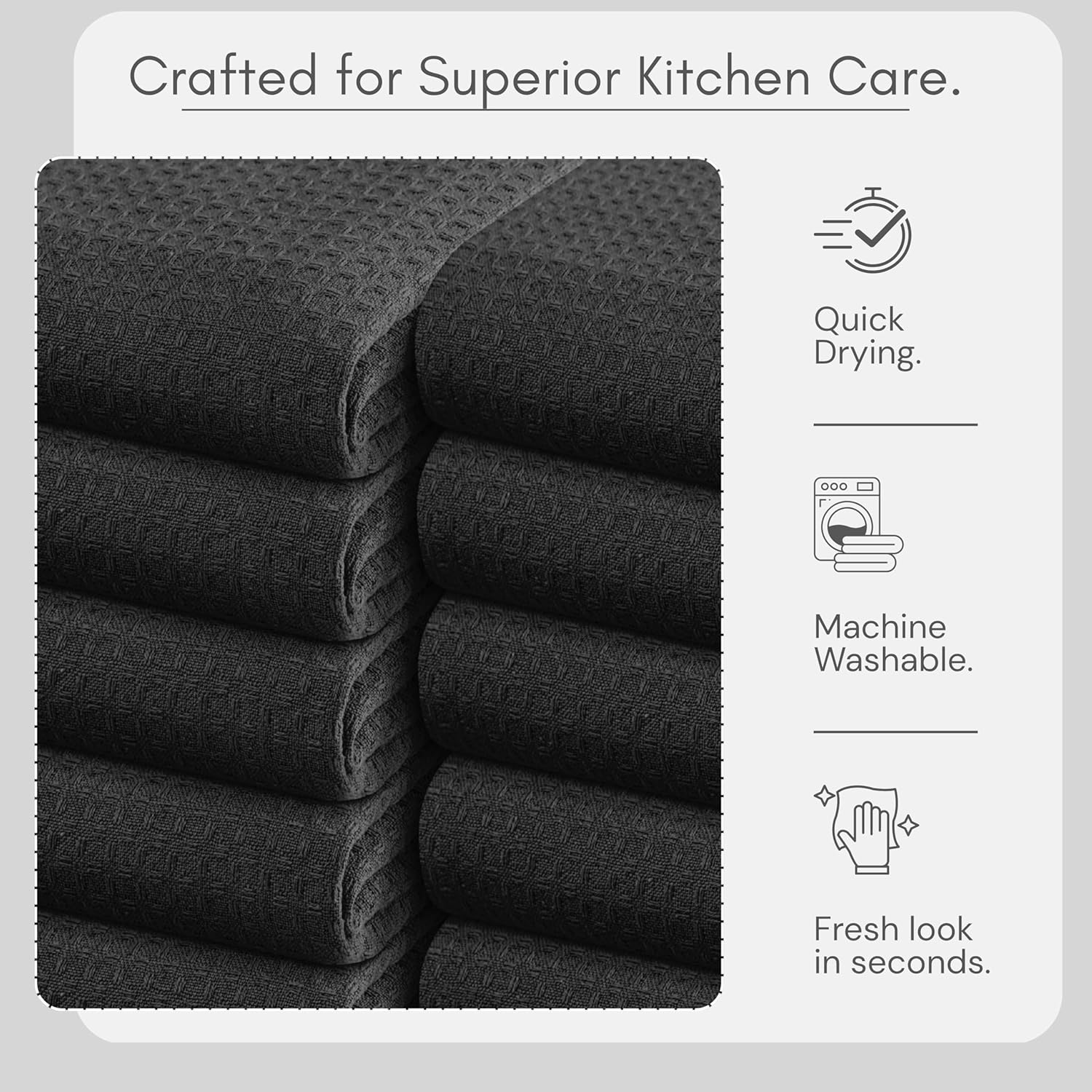 TWINY threads Kitchen Towel Waffle Weave, 12 Pack, 16x26 Inch, Premium Cotton Dish Rags, Absorbent Quick Drying Linen Set for Home, Restaurant Kitchens, Reusable Wash Cloths for Drying Dishes, Black