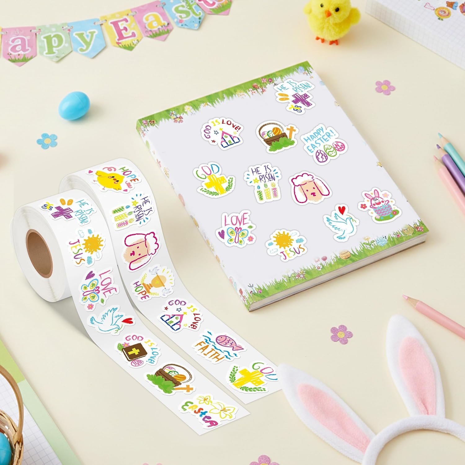 Haooryx Easter Graffiti Sticker Rolls - 1000Pcs Religious Drawn He is Risen Sticker Self Adhesive Vinyl Waterproof Water Bottle Laptop Easter Basket Stuffers Egg Filler Birthday Party Favor Supplies