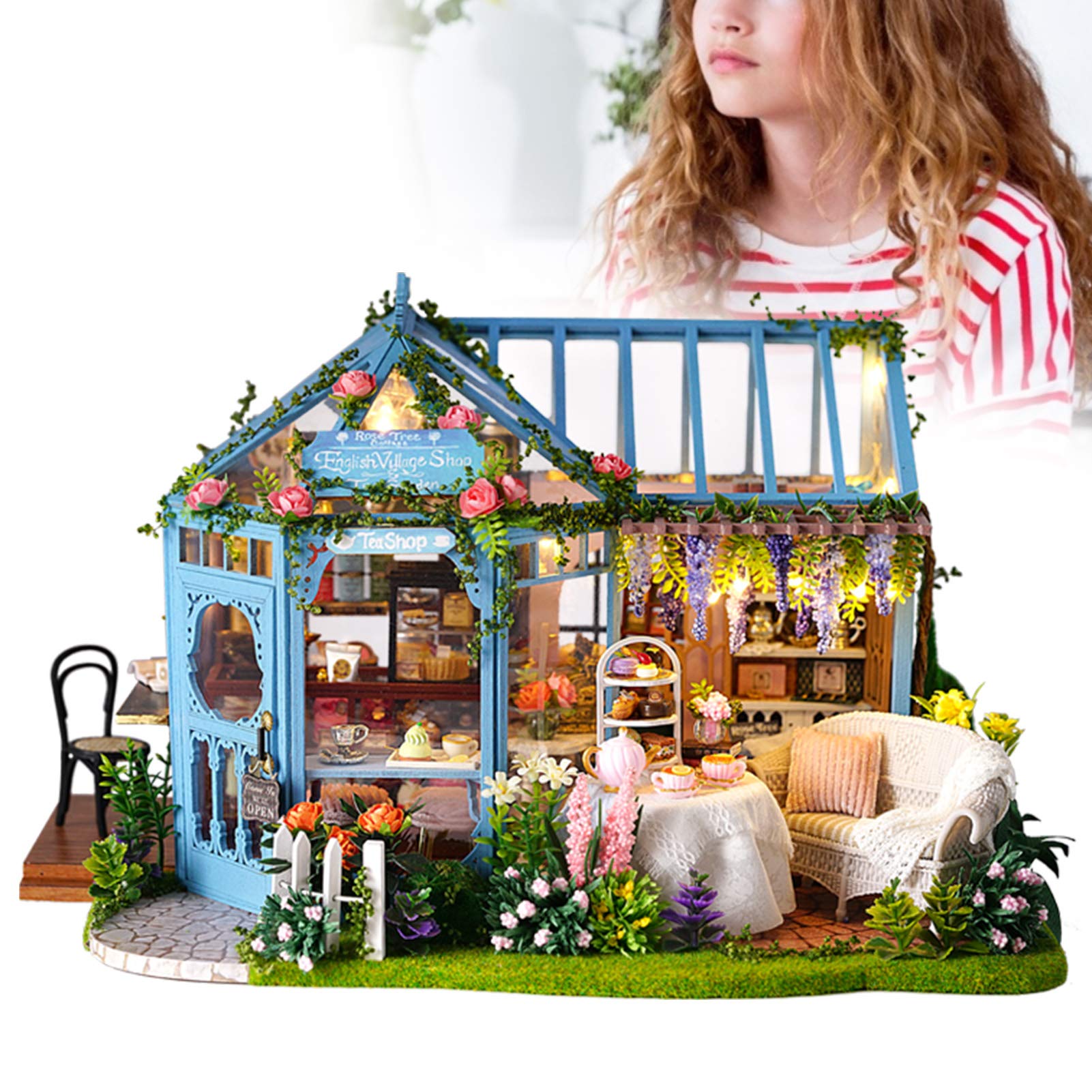 Generic DIY Drewniany Mini Domek dla Lalek Zestaw Domek dla Lalek z Ruchem Muzycznym, Doskonały Dzieci Powyżej 14 Lat, średniej Wielkości do Kolekcji/dekoracji Wnętrz, Unikalne Cechy